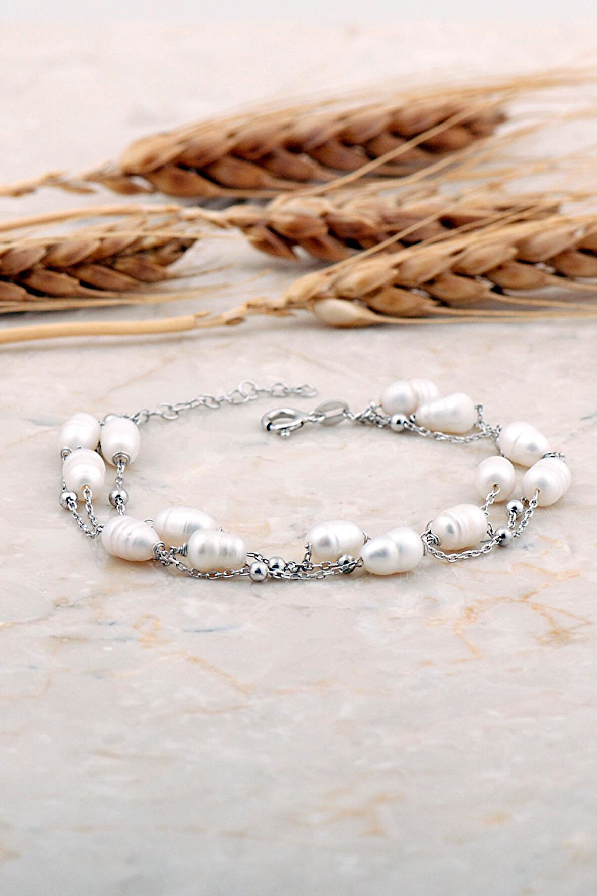 İnci Rodyumlu Üç Sıra Gümüş Bileklik 4738