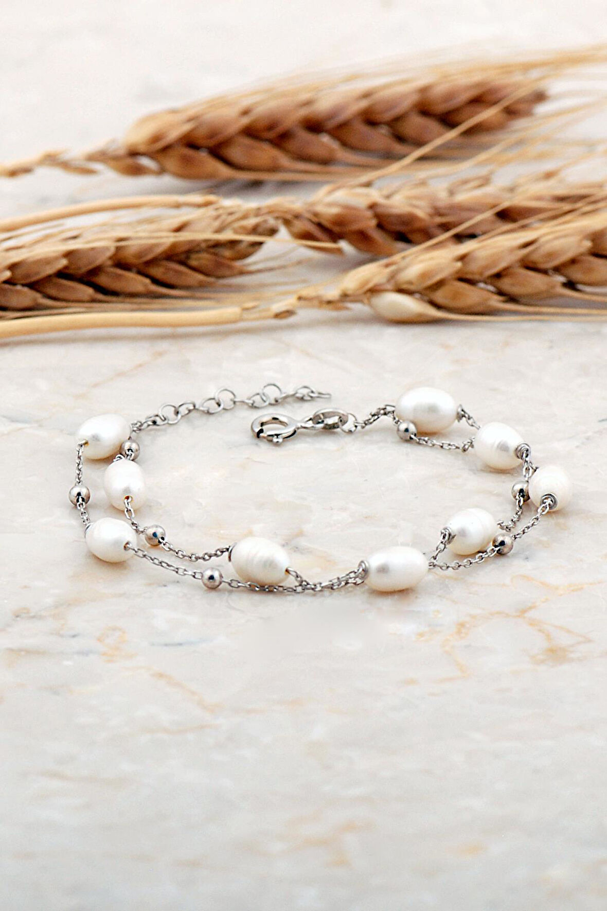 İnci Rodyumlu İki Sıra Gümüş Bileklik 4740