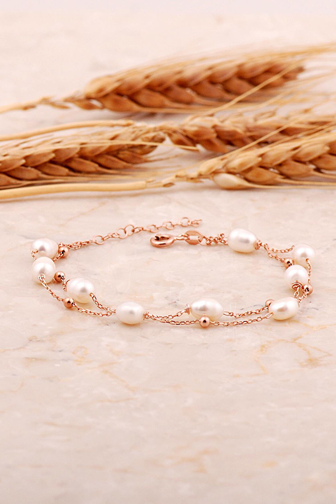 İnci İki Sıra Rose Gümüş Bileklik 4741