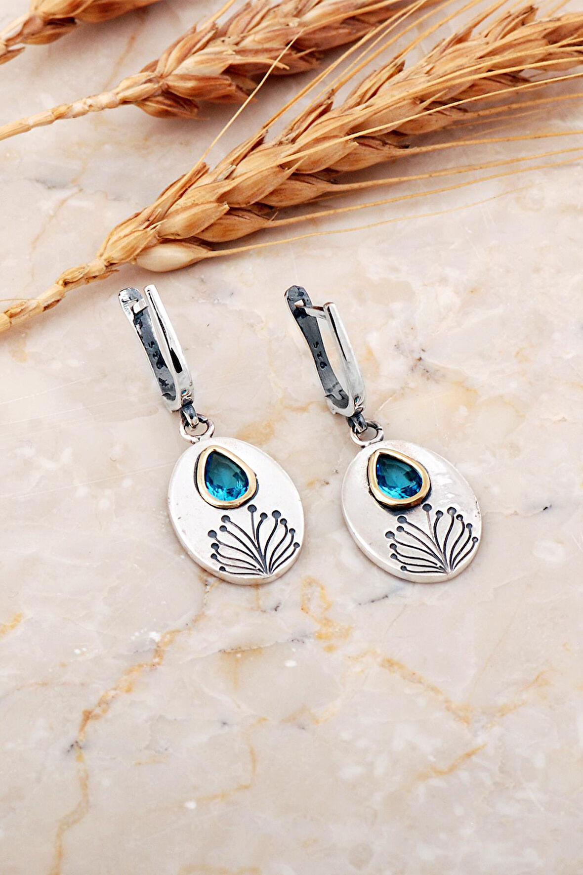 Akuamarin Taşlı Hayat Ağacı Elişi Gümüş Küpe 7201