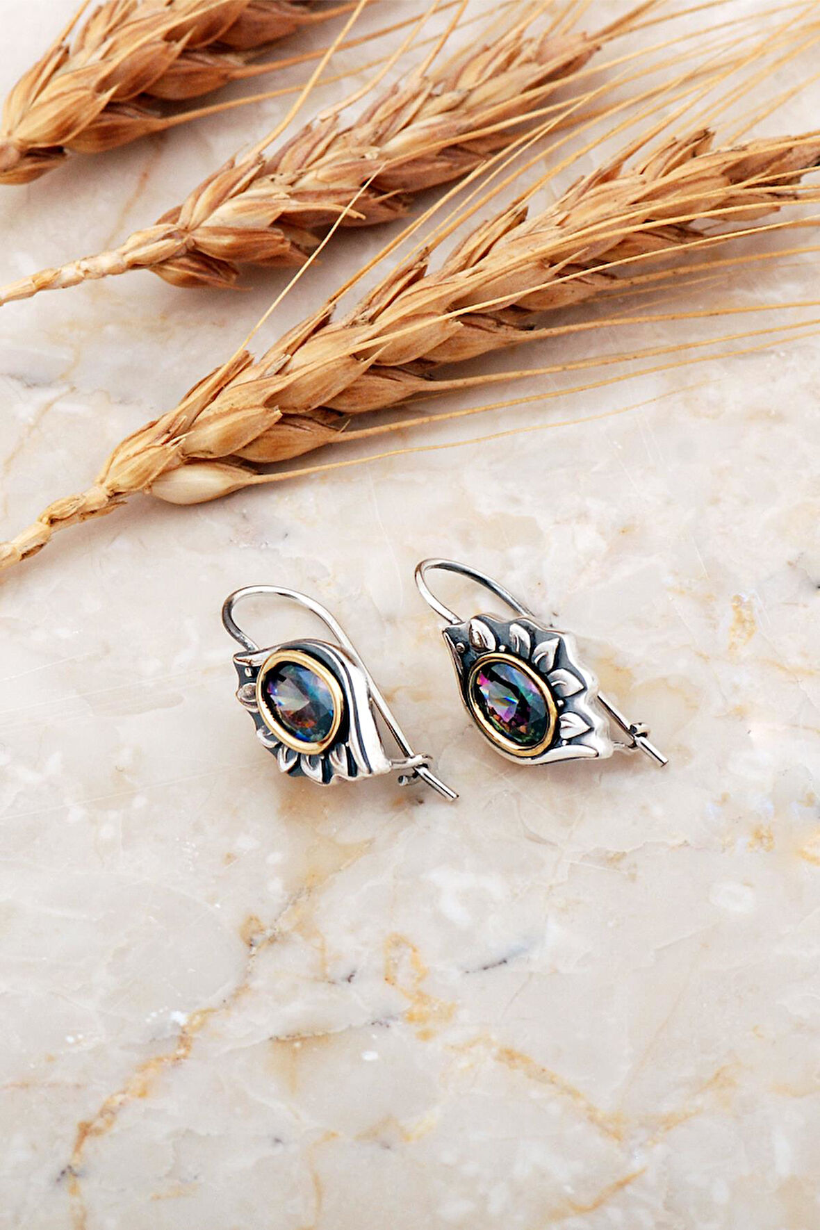 Mistik Topaz Taşlı Göz Tasarım Elişi Gümüş Küpe 7245