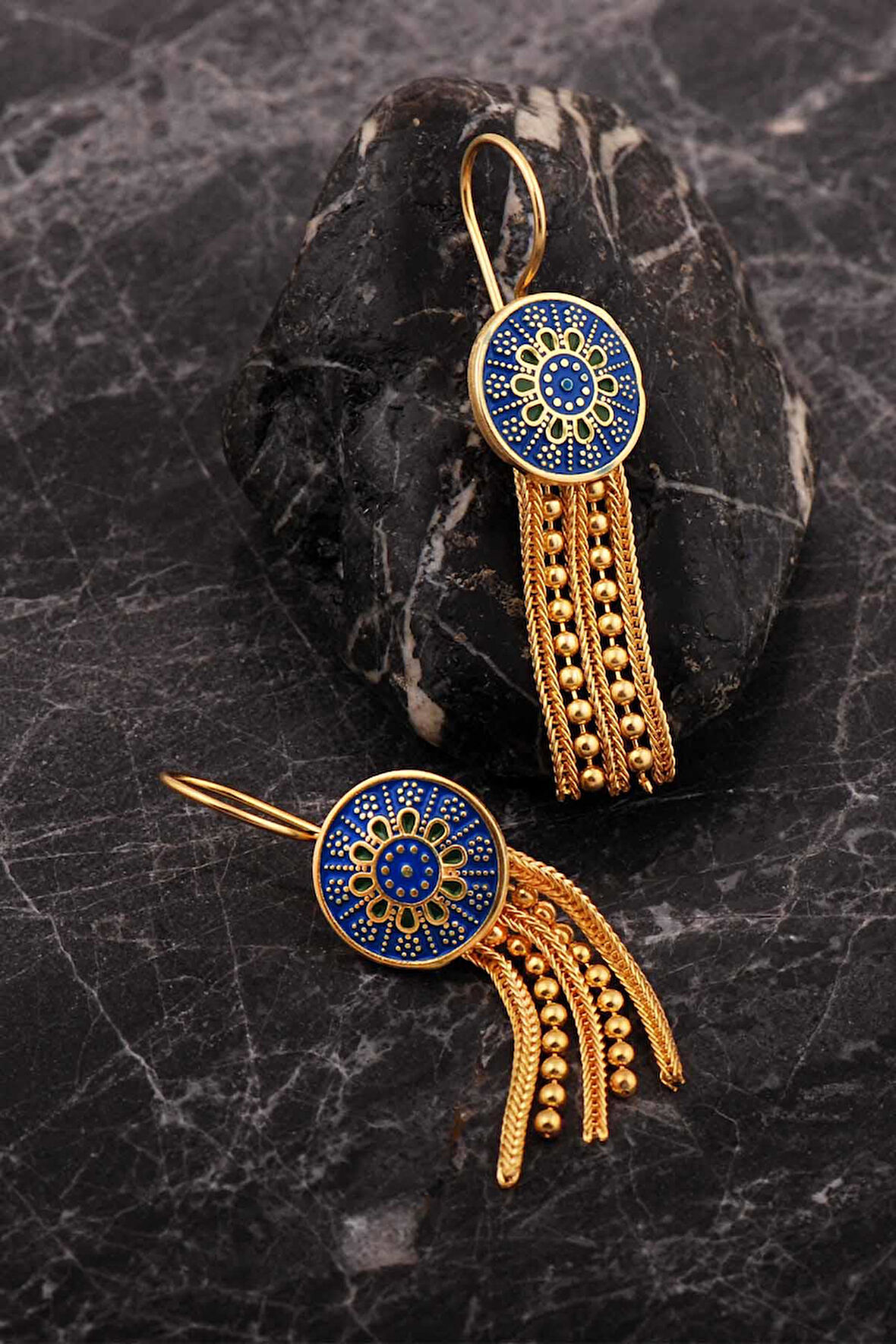 Anadolu Motifli Gümüş Altın Kaplama Midyat Hasırı Mineli Küpe 7254