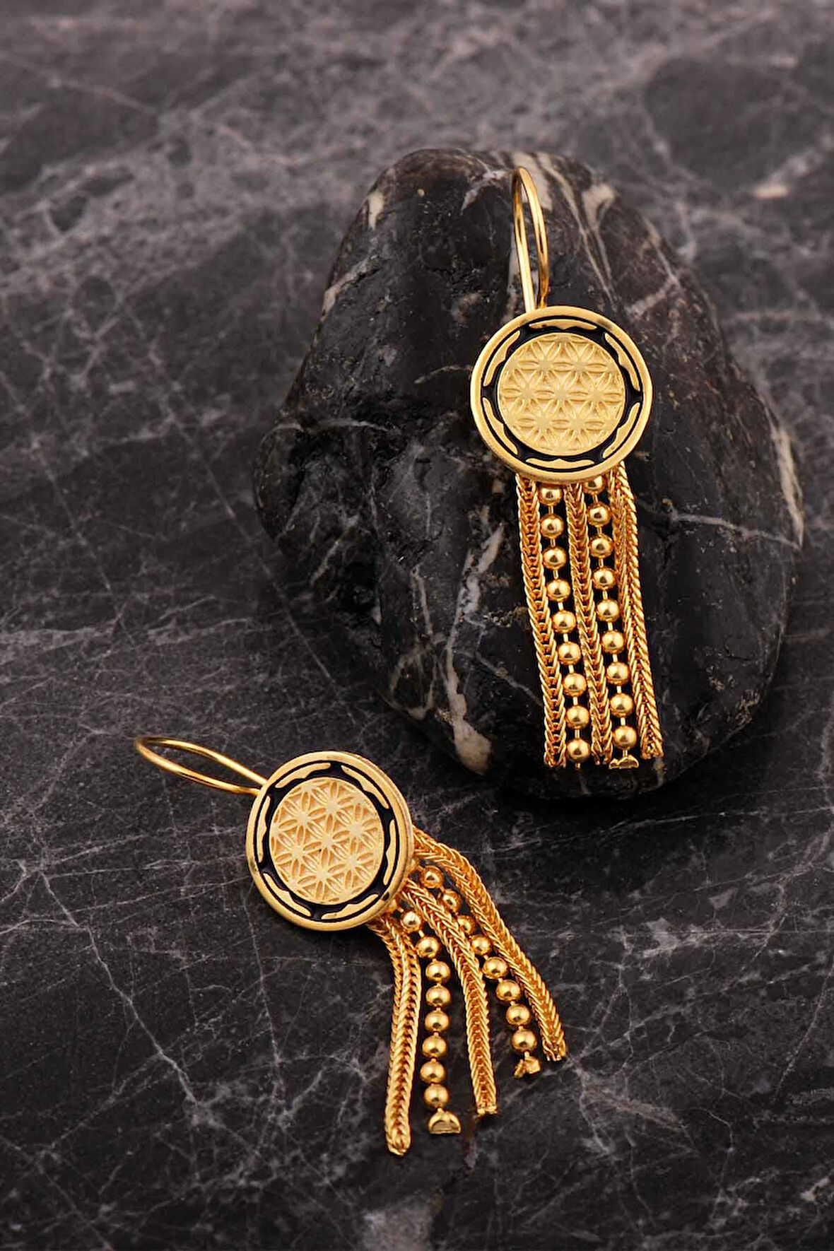 Yaşam Çiçeği Gümüş Altın Kaplama Midyat Hasırı Mineli Küpe 7255