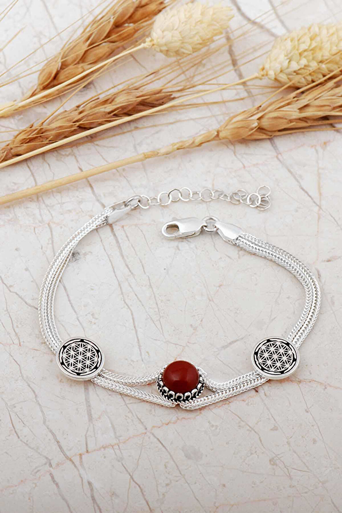 Midyat Hasırı Akik Taşlı Yaşam Çiçeği Gümüş Bileklik 4791