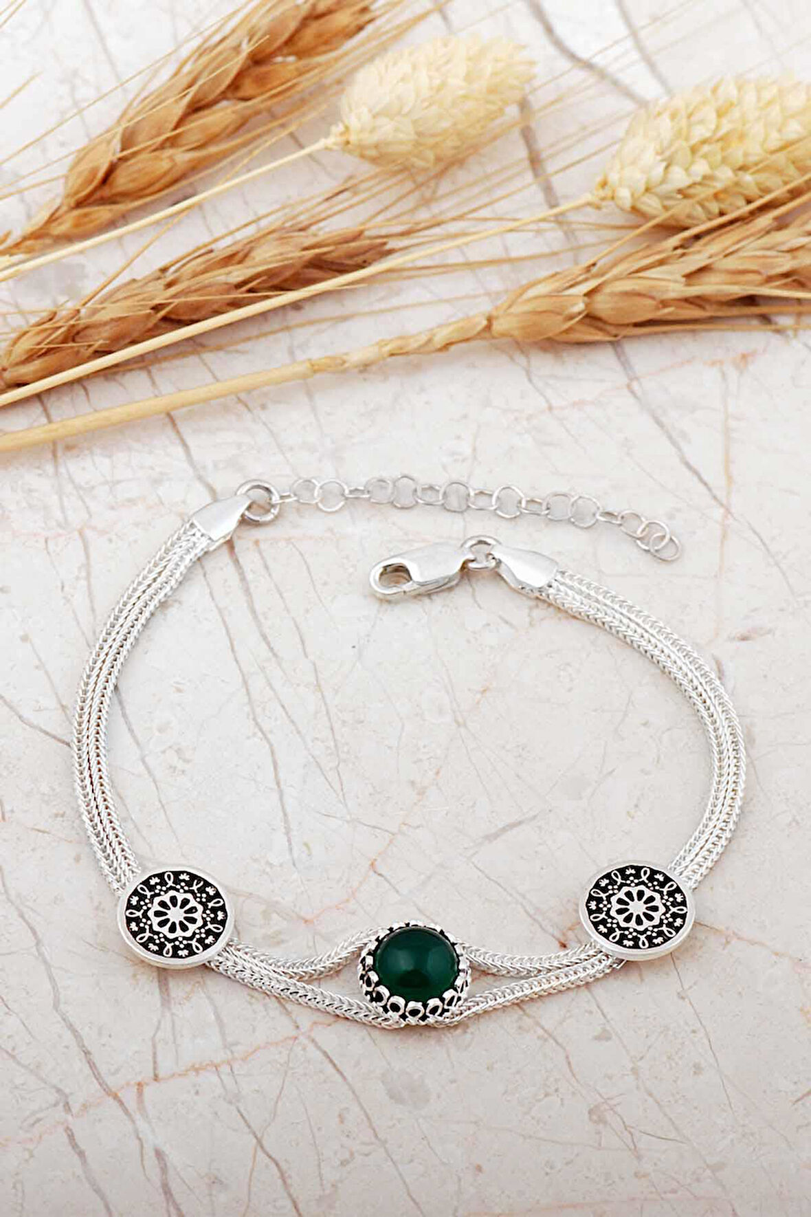 Midyat Hasırı Yeşil Akik Taşlı Anadolu Motifli Gümüş Bileklik 4794