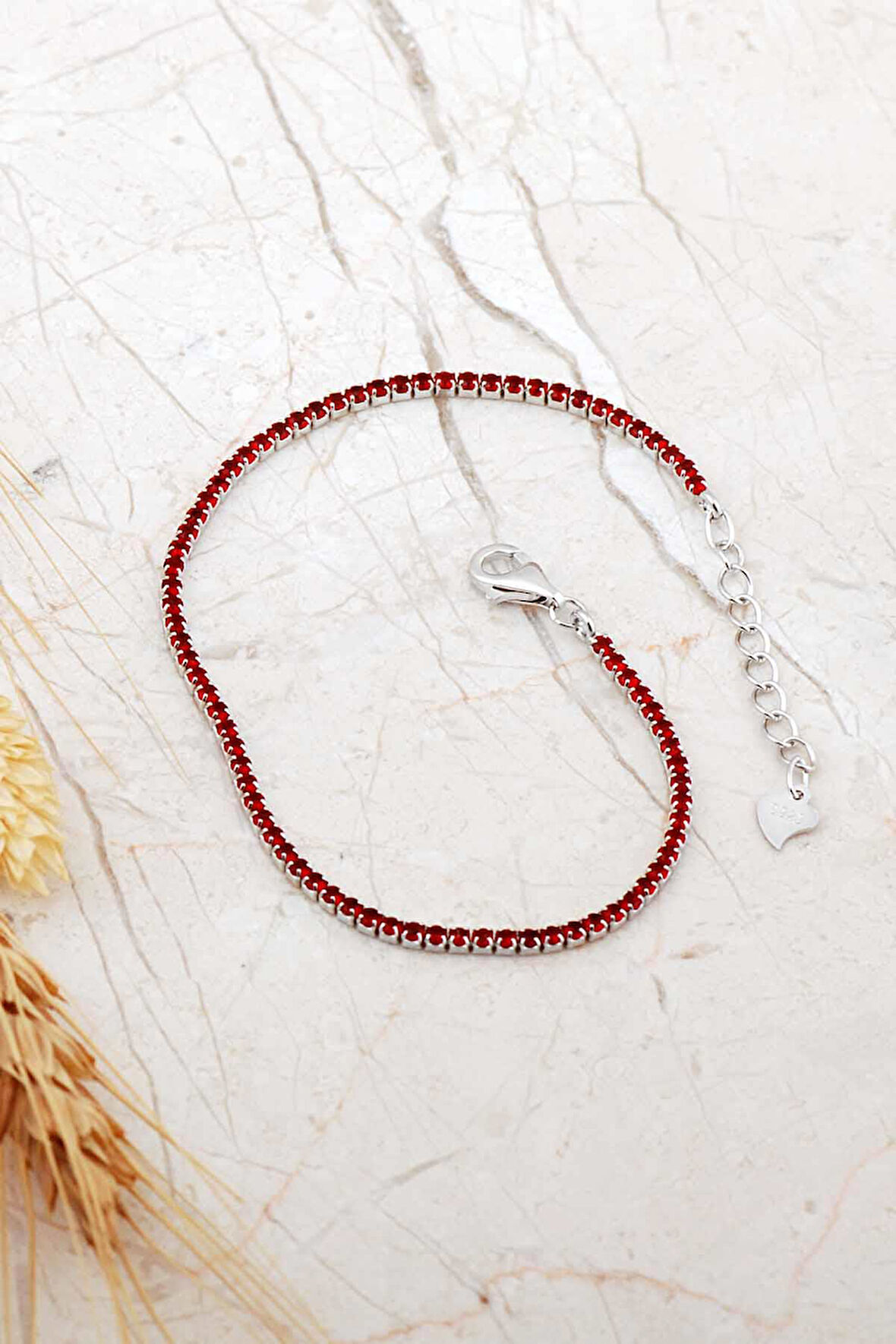 Lal Taşlı Su Yolu İnce Rodyumlu Gümüş Bileklik 4802 