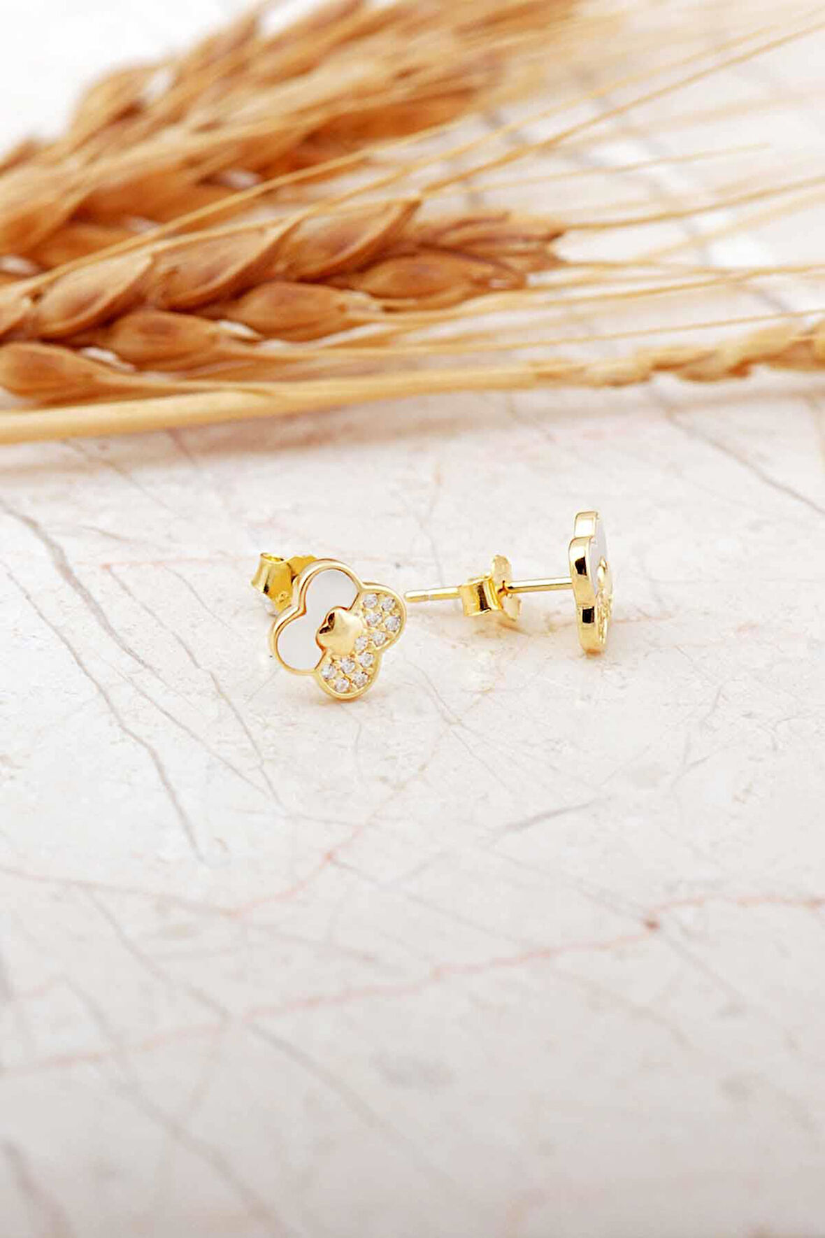 Sefef Taşlı Altın Kaplama Yonca Mini Gümüş Küpe 7272