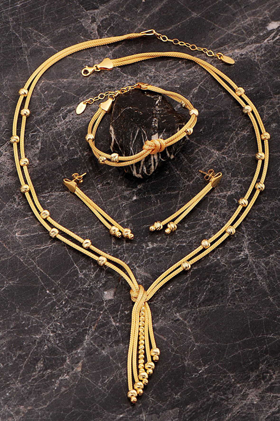 Hasır Dorissa Düğüm Tasarım Altın Kaplama Elişi Gümüş Set 2855