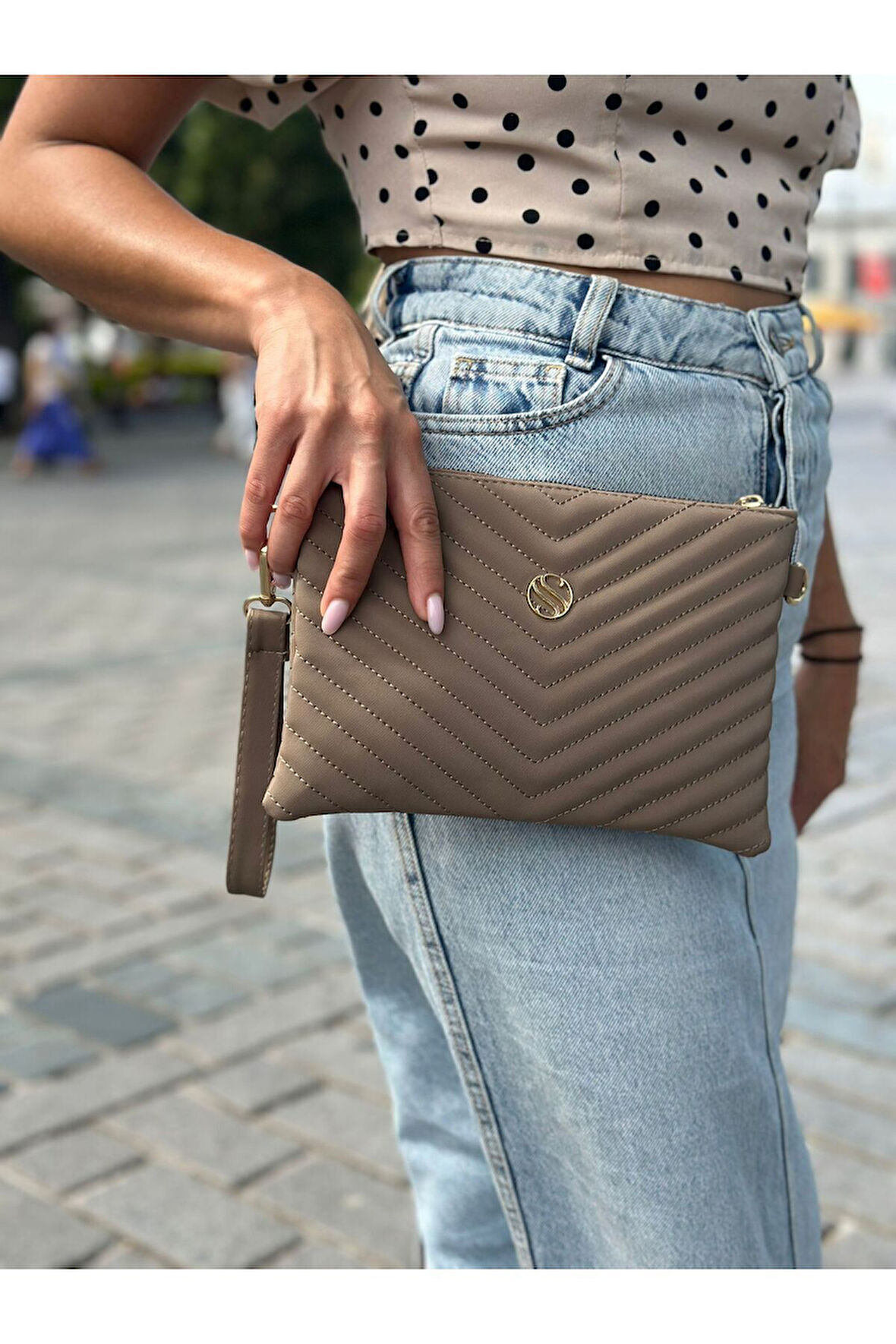 Kadın Saten Kumaş Vizon Renkli Ayarlanabilir Çapraz Ve El Askılı Portföy, Clutch Çanta