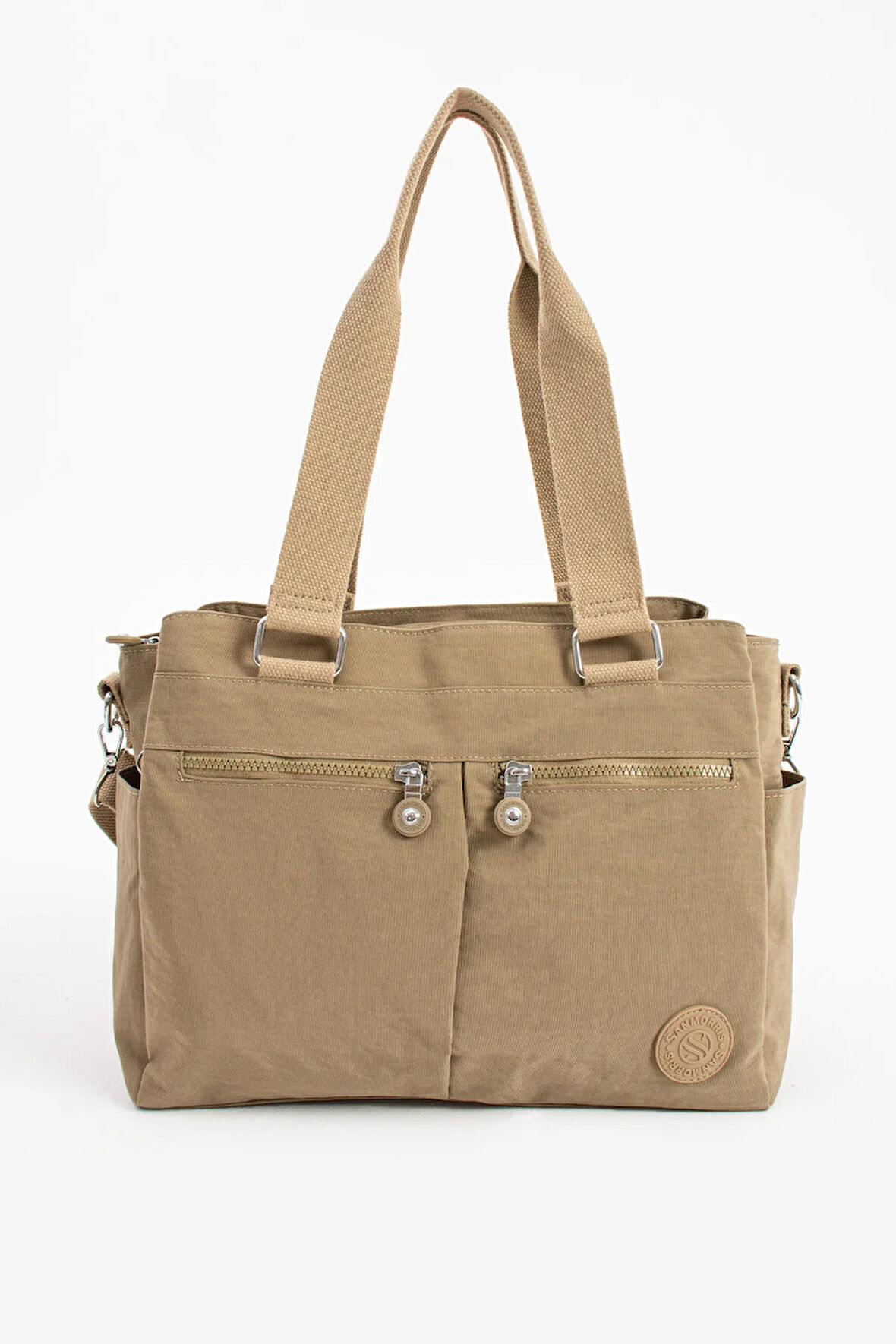 Kadın Büyük Boy Bej Renkli Bölmeli Suya Dayanıklı Krinkıl Kumaş Çapraz Ve Omuz Askılı Çanta