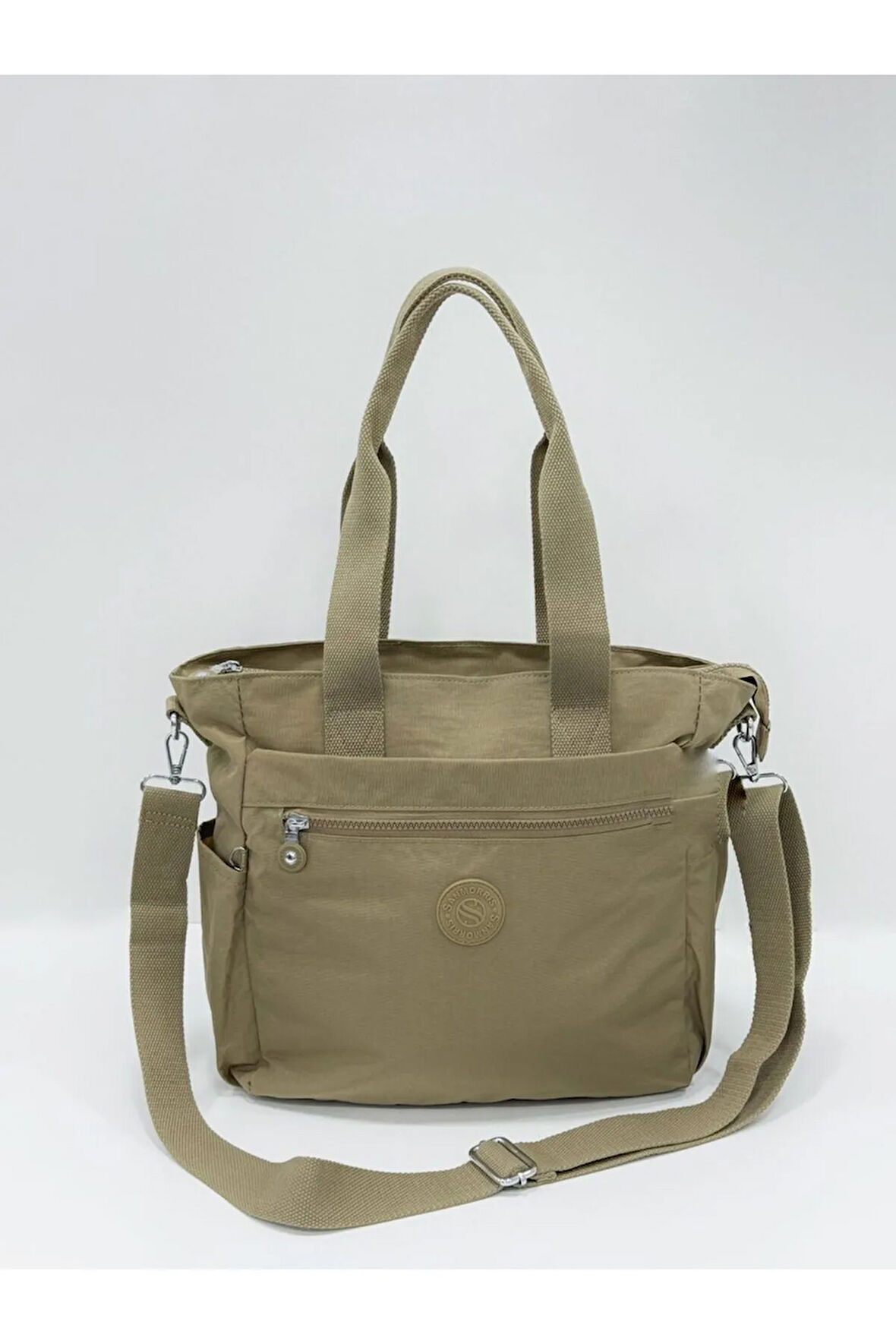 Kadın Büyük Boy Bölmeli Suya Dayanıklı Paraşüt Kumaş Çapraz Ve Omuz Askılı Vizon Rengi Çanta