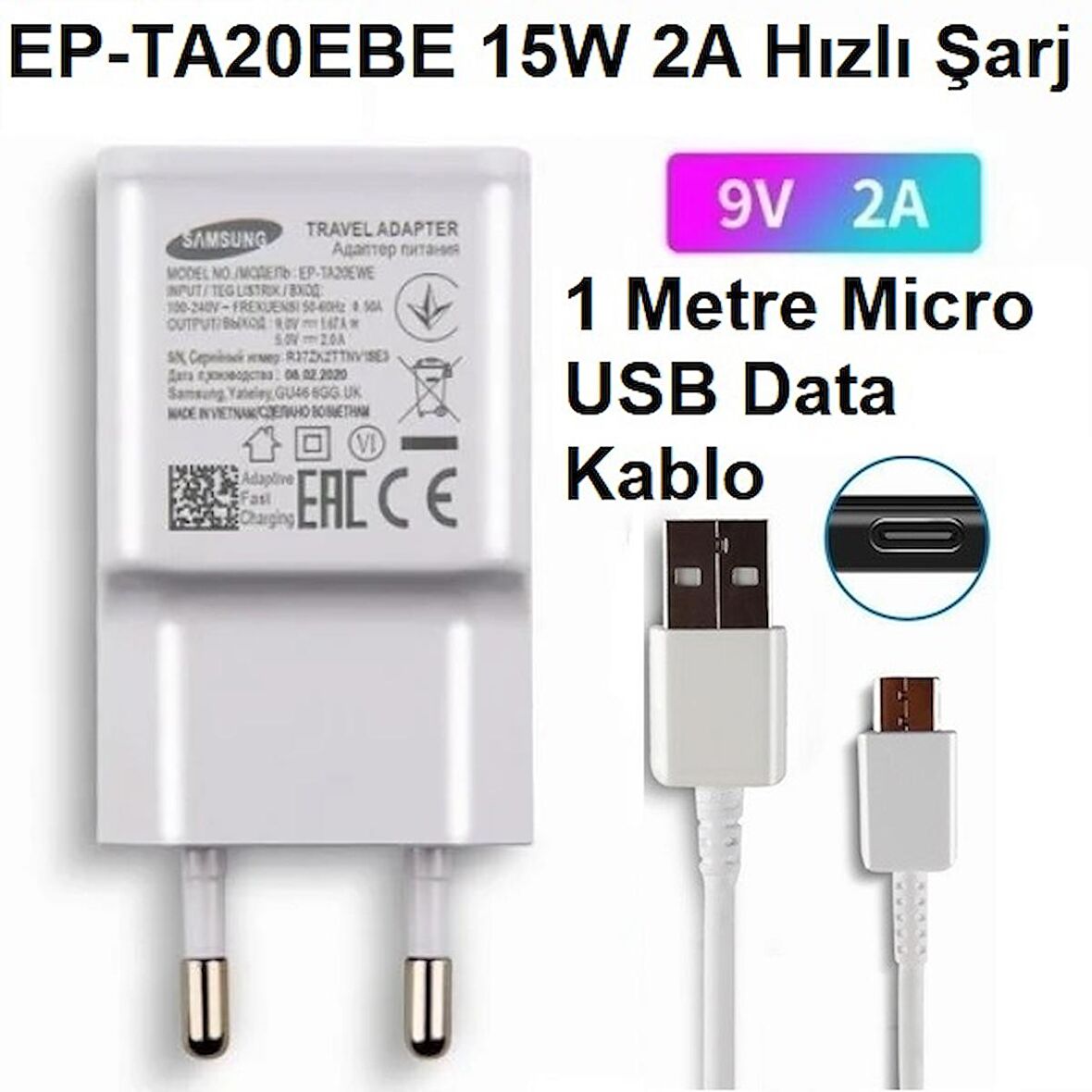 Samsung Galaxy S3653W Corby Orijinal EP-TA20EBE 15W 2A Hızlı Şarj Cihazı ve Micro USB Kablo