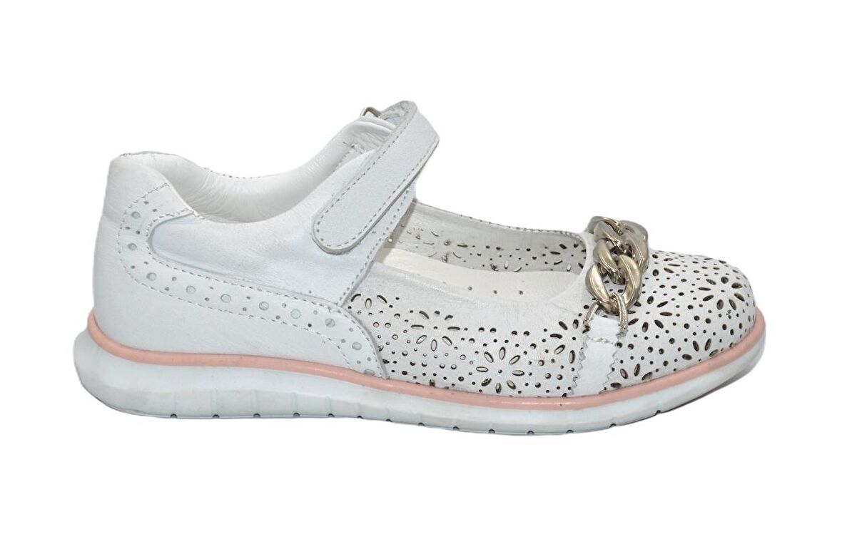 Kids Kız Filet Çocuk Cırtlı Beyaz Hakiki Deri Babet- ( 31-36 )-SMX-0255