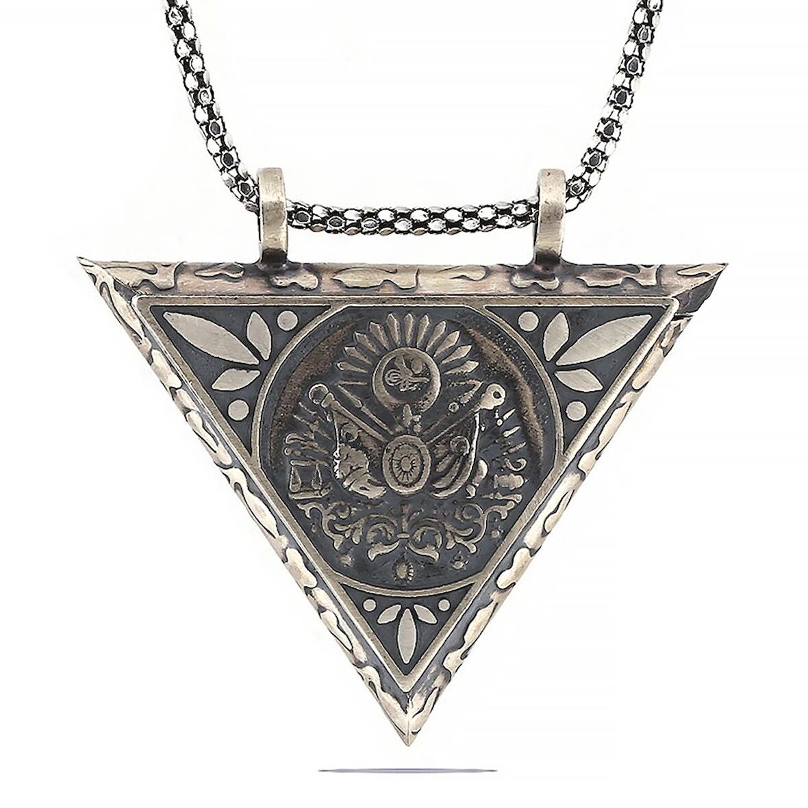 925 Ayar Gümüş Üçgen İçi Açılabilen Osmanlı Arma Muskalık Gümüş Kolye