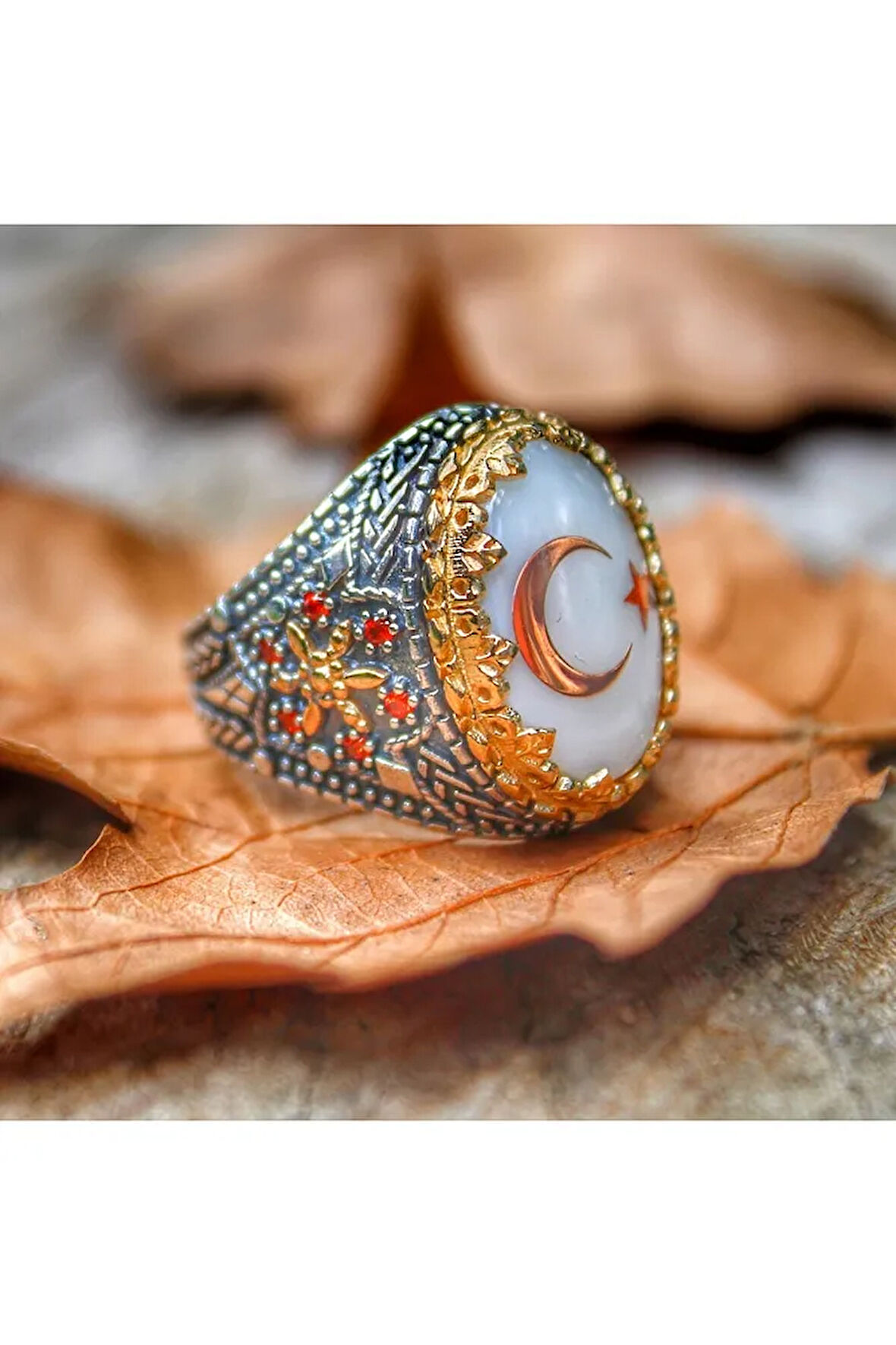 Erkek Gümüş Sedef Taşlı Türk Bayraklı Oval Yüzük