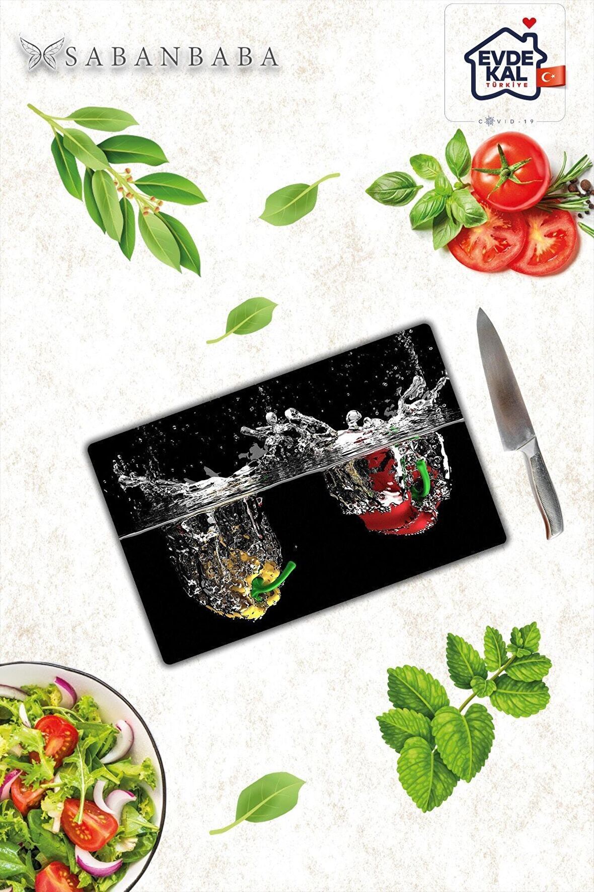 Biber ve Su Cam Kesme Tahtası - Cam Kesme Tablası  | 20 cm x 30 cm