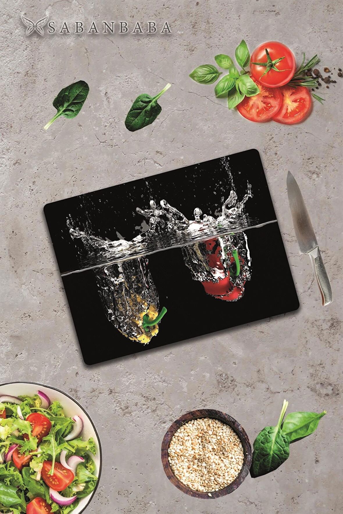 Biber ve Su Cam Kesme Tahtası - Cam Kesme Tablası  | 30 cm x 40 cm