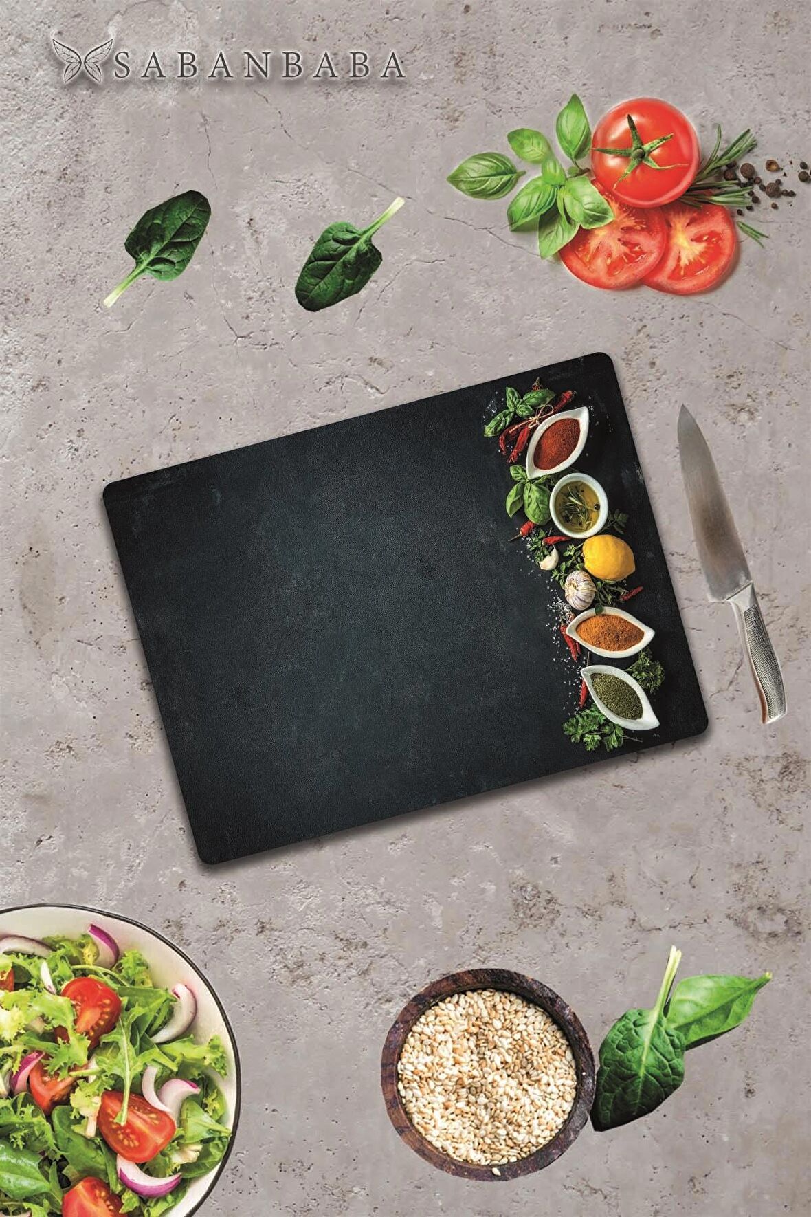 Baharatlıklar Cam Kesme Tahtası - Cam Kesme Tablası  | 30 cm x 40 cm