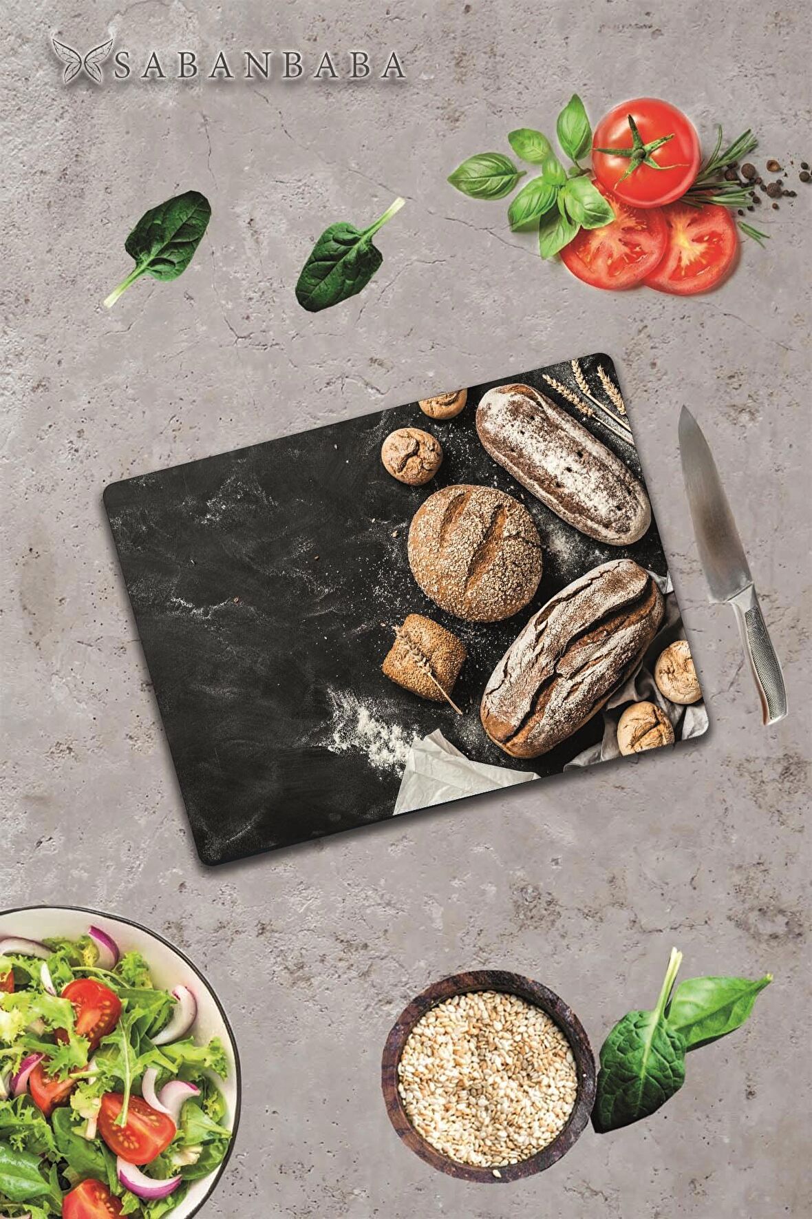 Buğdaylı Ekmek Cam Kesme Tahtası - Cam Kesme Tablası  | 30 cm x 40 cm
