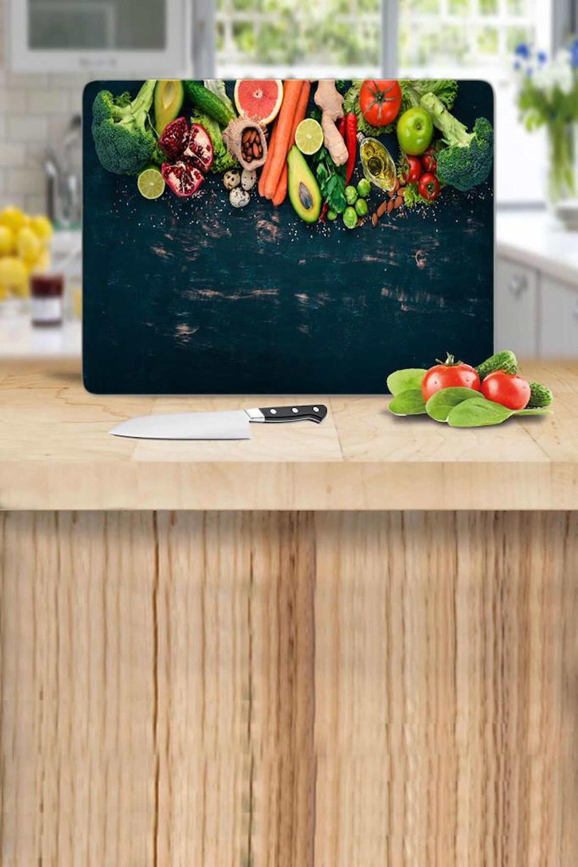 Sebzeler Yeni Desenli Cam Kesme Tahtası - Cam Kesme Tablası | 30 cm x 40 cm