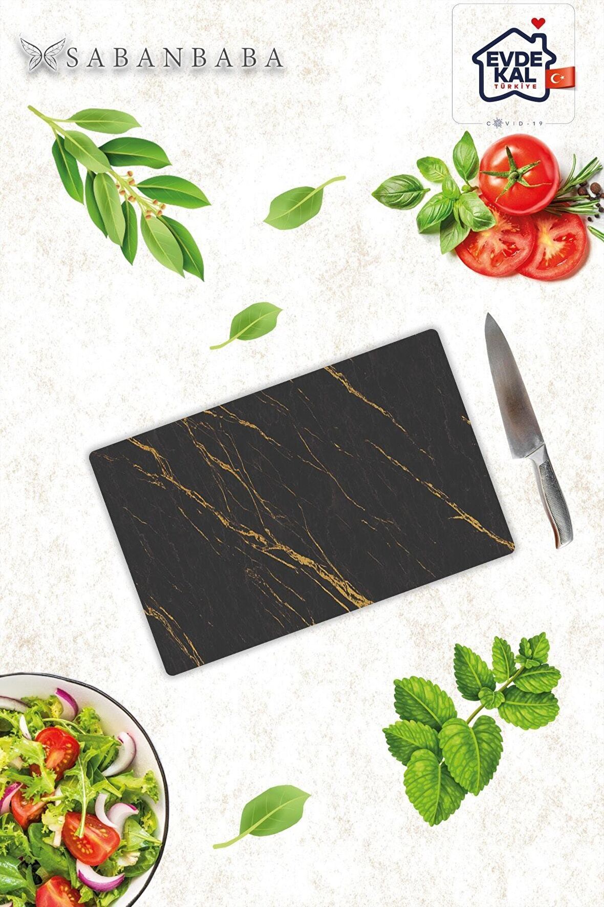 20x30 cm Siyah Altın Mermer Desenli Cam Kesim Tablası