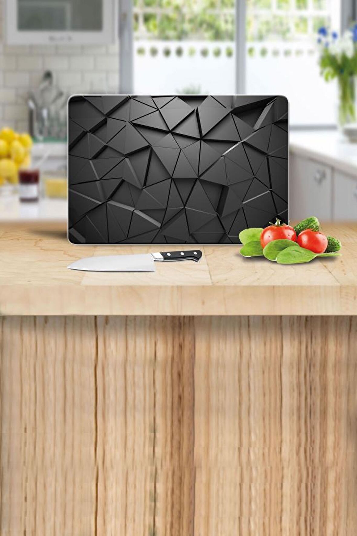 Siyah Üçgenler Desenli Cam Kesme Tahtası - Cam Kesme Tablası | 20 Cm X 30 Cm