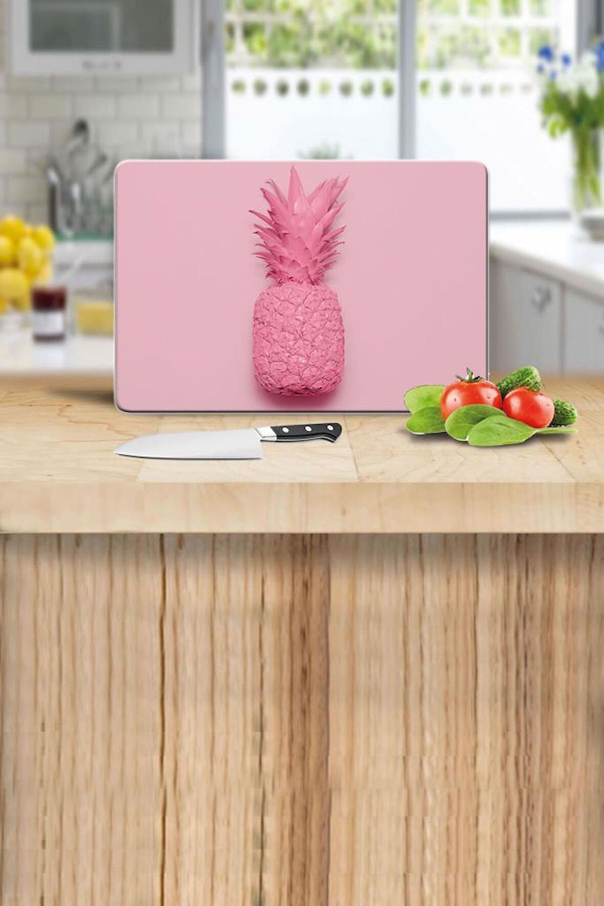 Pembe Ananas Desenli Cam Kesme Tahtası - Cam Kesme Tablası | 20 Cm X 30 Cm