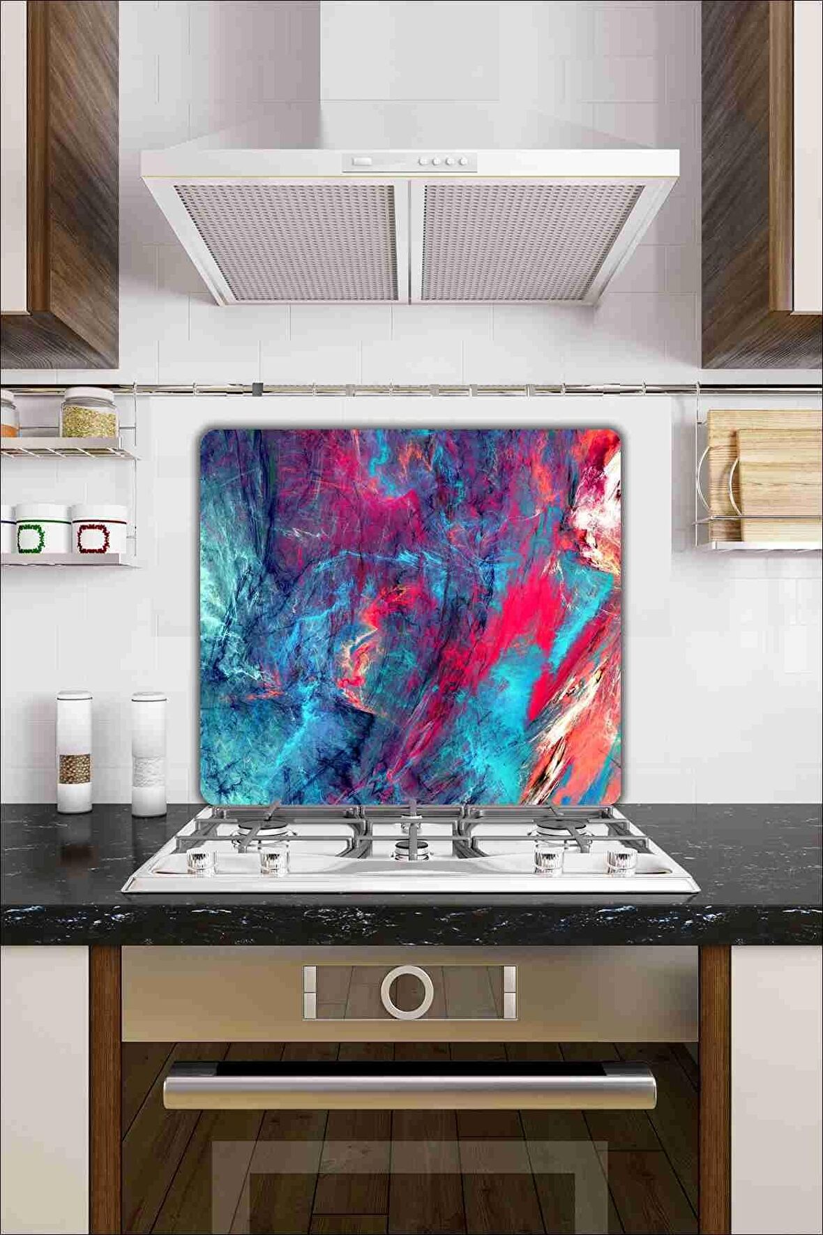 Cam Ocak Koruyucu Ve Cam Kesme Tahtası Kırmızı Mavi Alacalı 50 cm x 56 cm Tek Parça