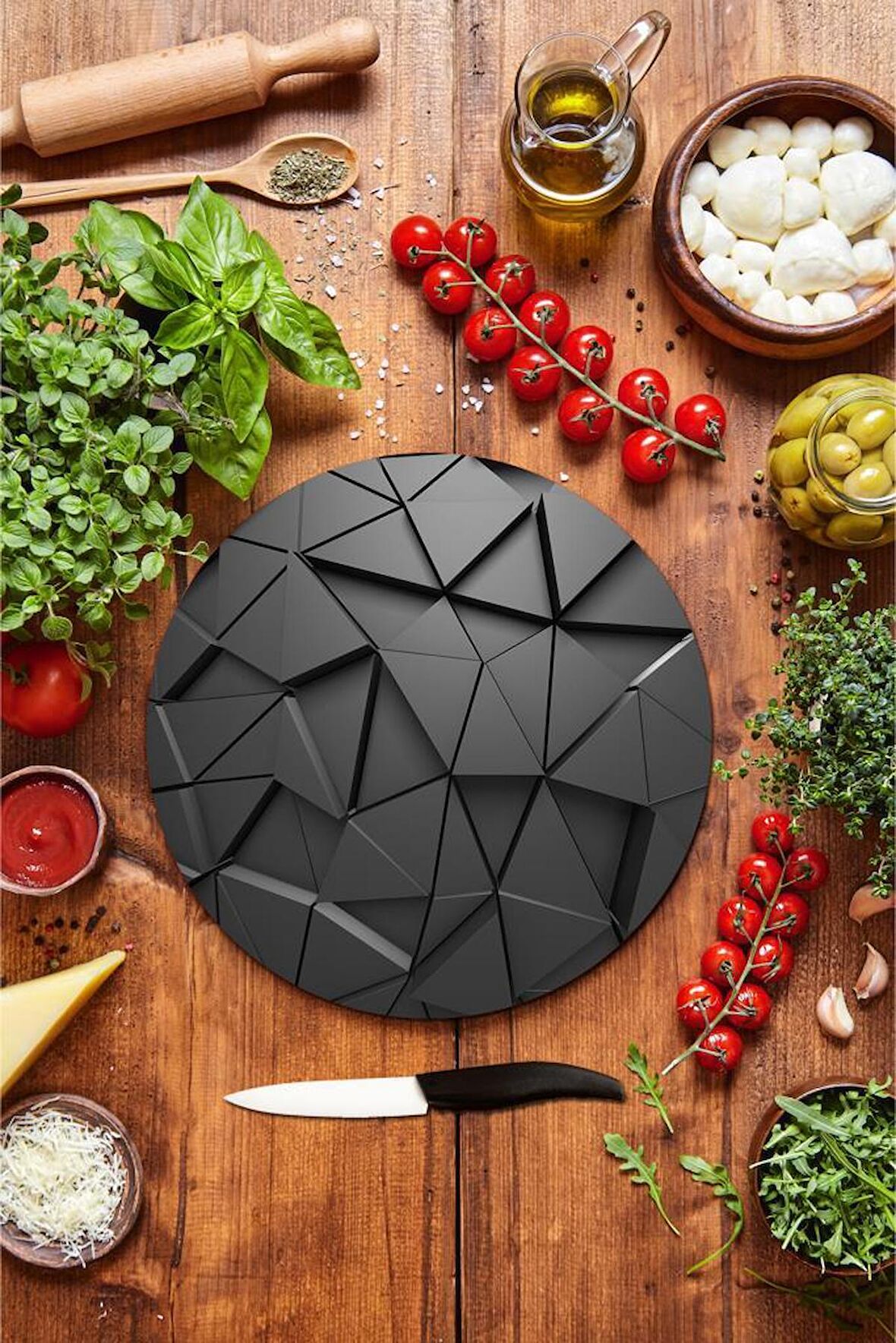 Siyah Üçgen Desenli Cam Kesme Tahtası - Cam Kesme Tablası - Sunum Tabağı| Çap 32 Cm