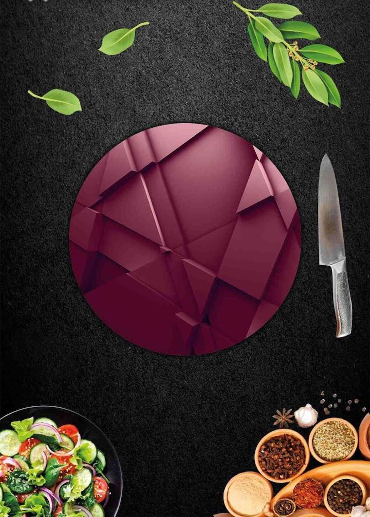 Kırmızı Üçgen Desenli Cam Kesme Tahtası - Cam Kesme Tablası - Sunum Tabağı| Çap 32 Cm