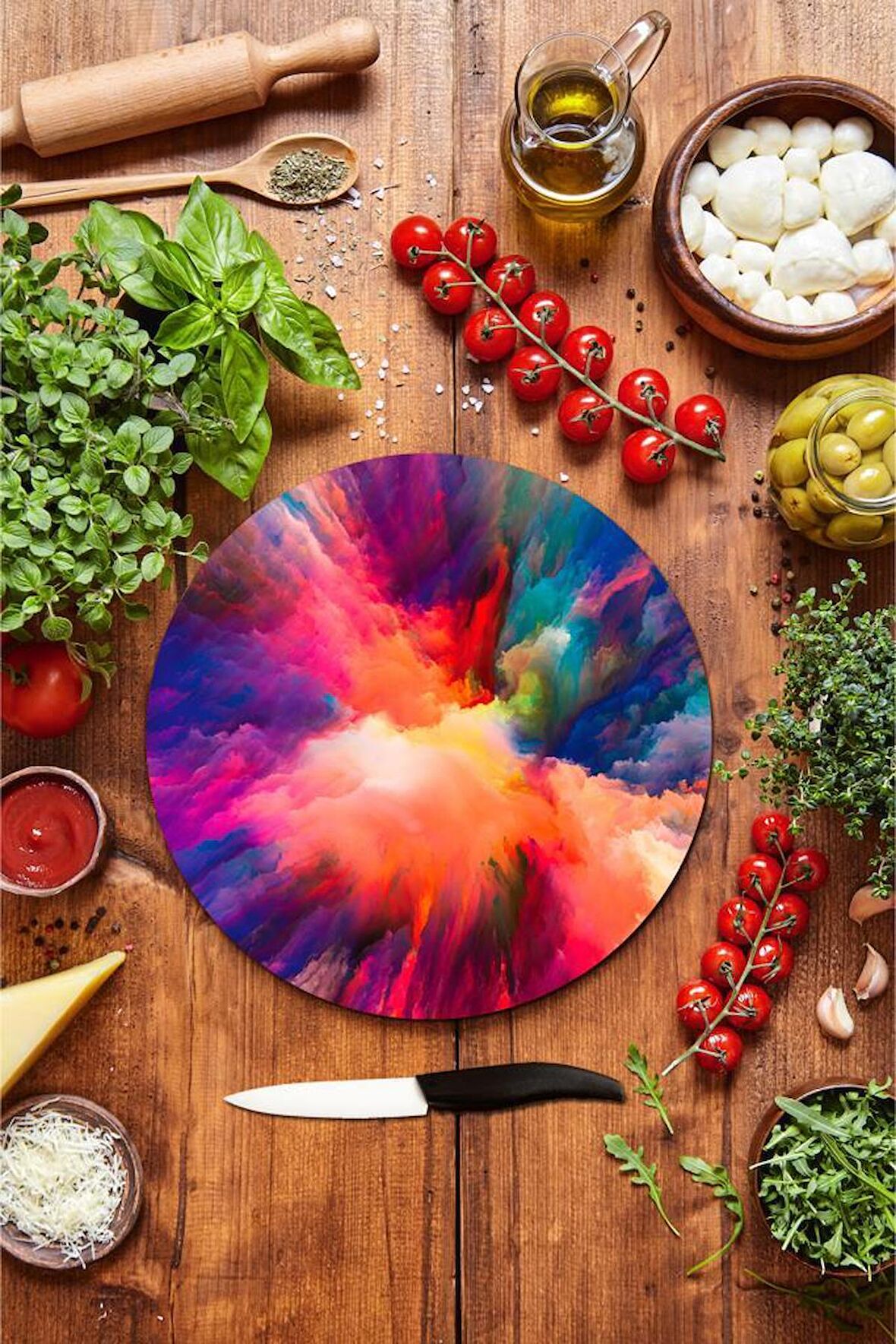 Renkli Odak Desenli Cam Kesme Tahtası - Cam Kesme Tablası - Sunum Tabağı| Çap 32 Cm