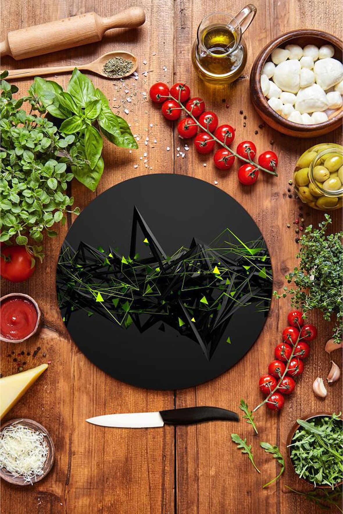Dijital Desenli Cam Kesme Tahtası - Cam Kesme Tablası - Sunum Tabağı| Çap 32 Cm