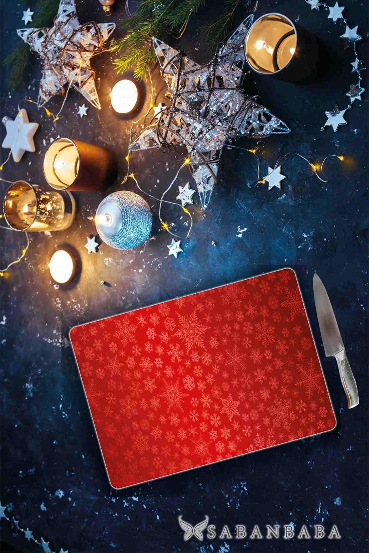Kırmızı Noel Cam Kesme Tahtası - Cam Kesme Tablası | 30 Cm X 40 Cm