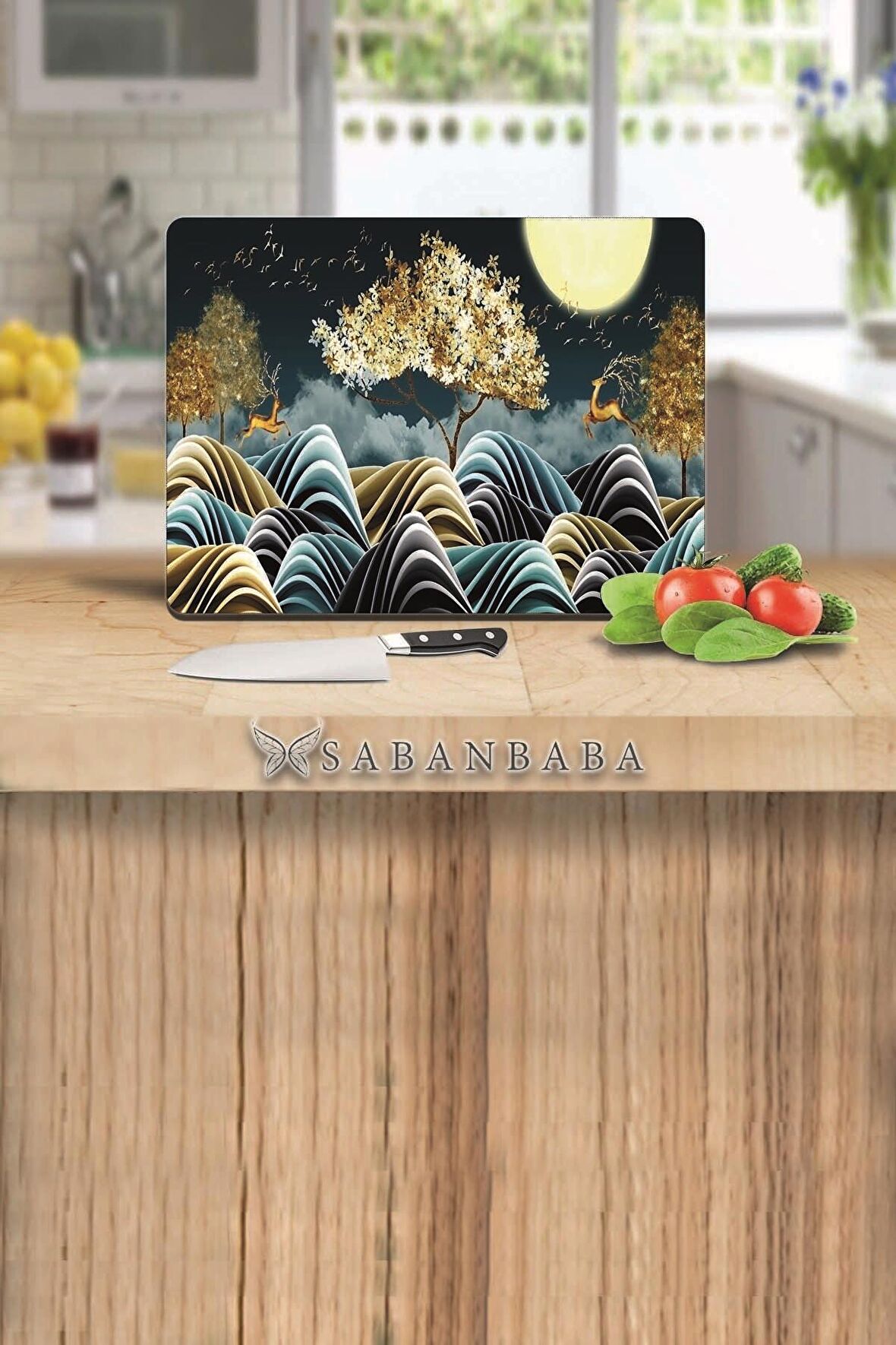 Altın Ağaç & Geyikler Cam Kesme Tahtası - Cam Kesme Tablası | 30 Cm X 40 Cm