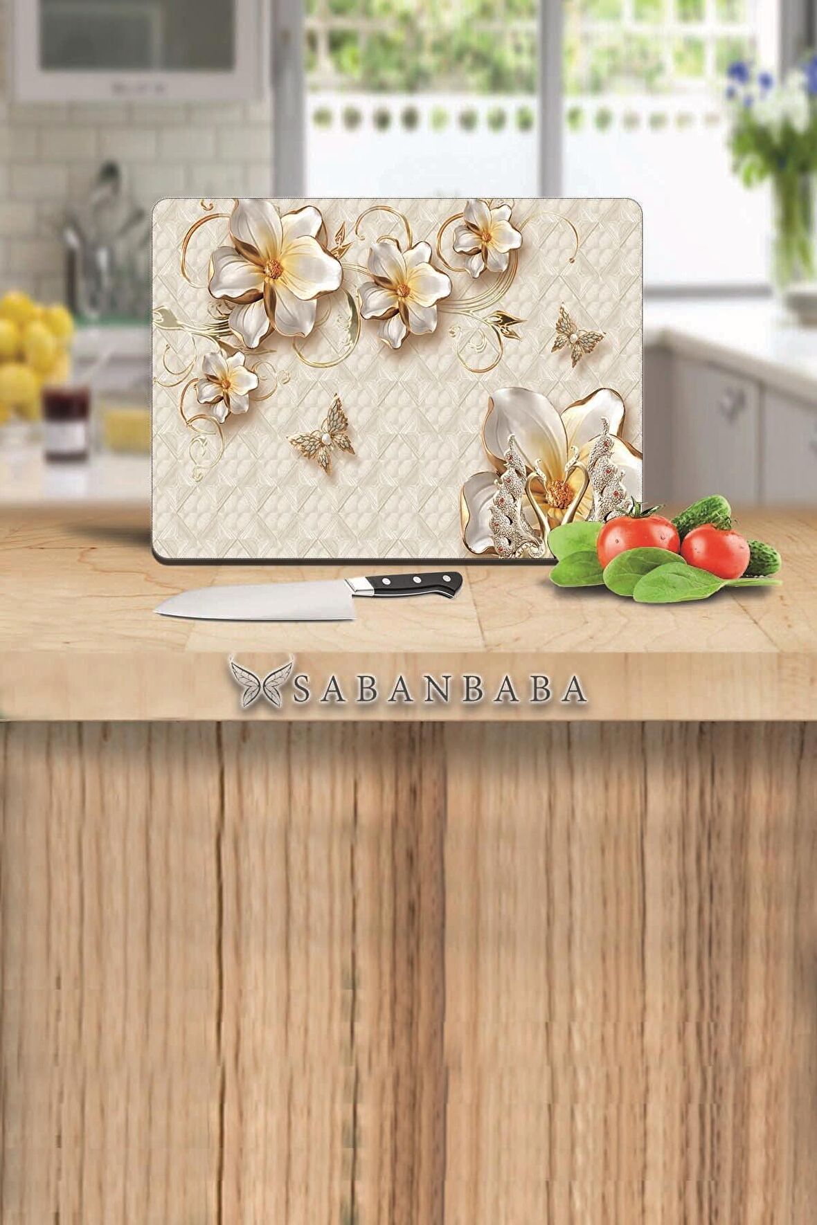 Altın Çiçek Cam Kesme Tahtası - Cam Kesme Tablası | 30 Cm X 40 Cm