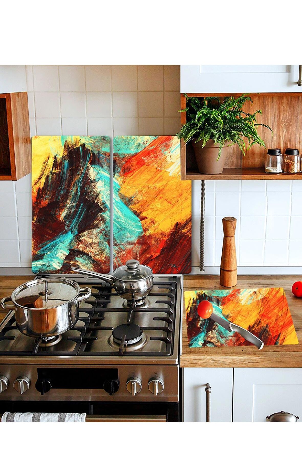Takım Halinde Boya 20x30 Cm Kesme Tablası Ve 60x52cm Cam Ocak Koruyucu 4'lü Ocaklar
