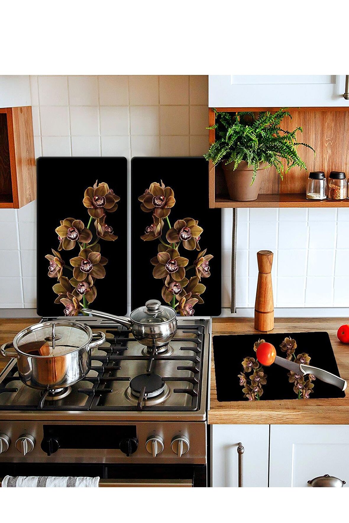 Takım Halinde Kahve Orkide 20x30 Cm Kesme Tablası Ve 60x52cm Cam Ocak Koruyucu 4'lü Ocaklar