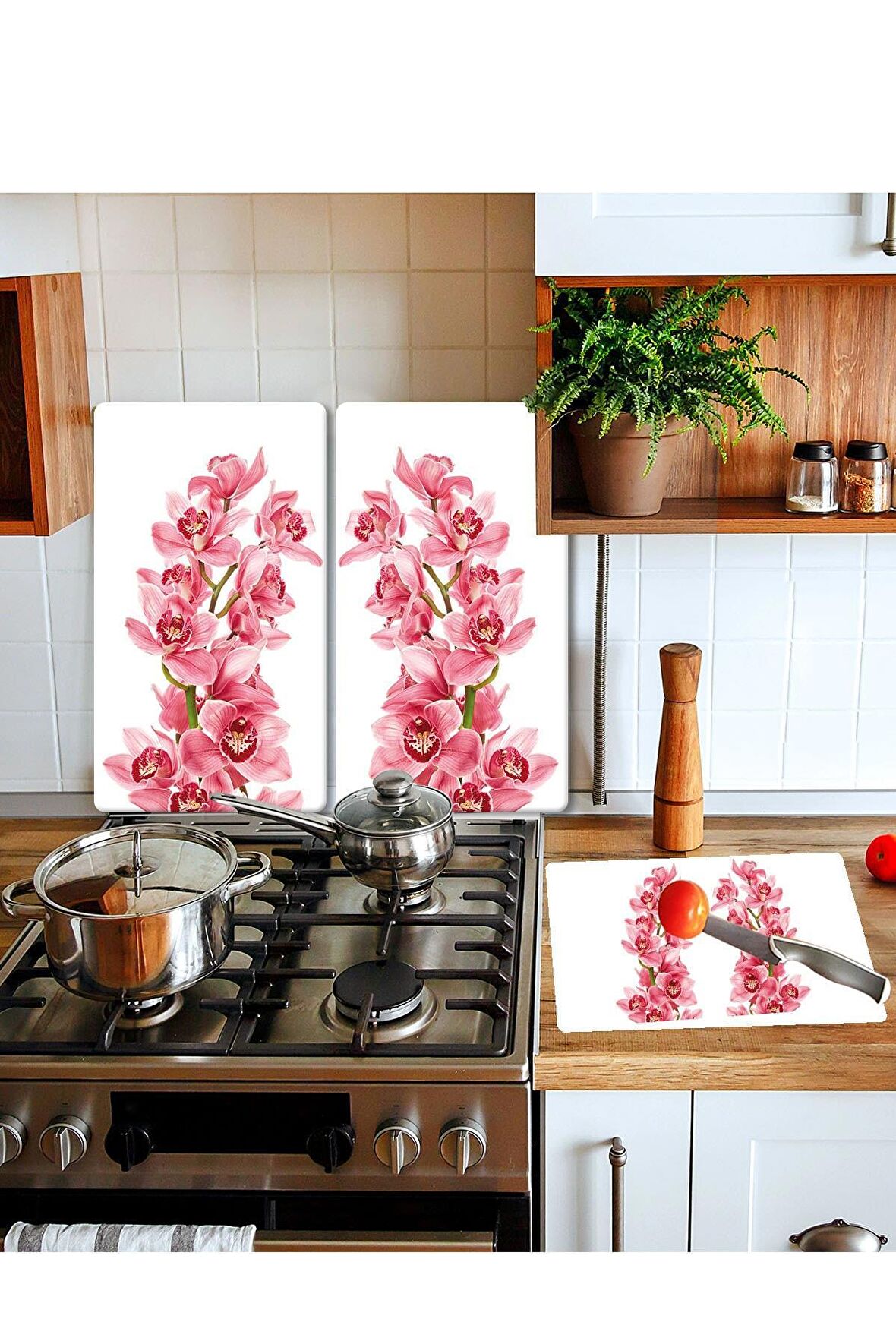 Takım Halinde Pembe Orkide 20x30 Cm Kesme Tablası Ve 60x52cm Cam Ocak Koruyucu 4'lü Ocaklar