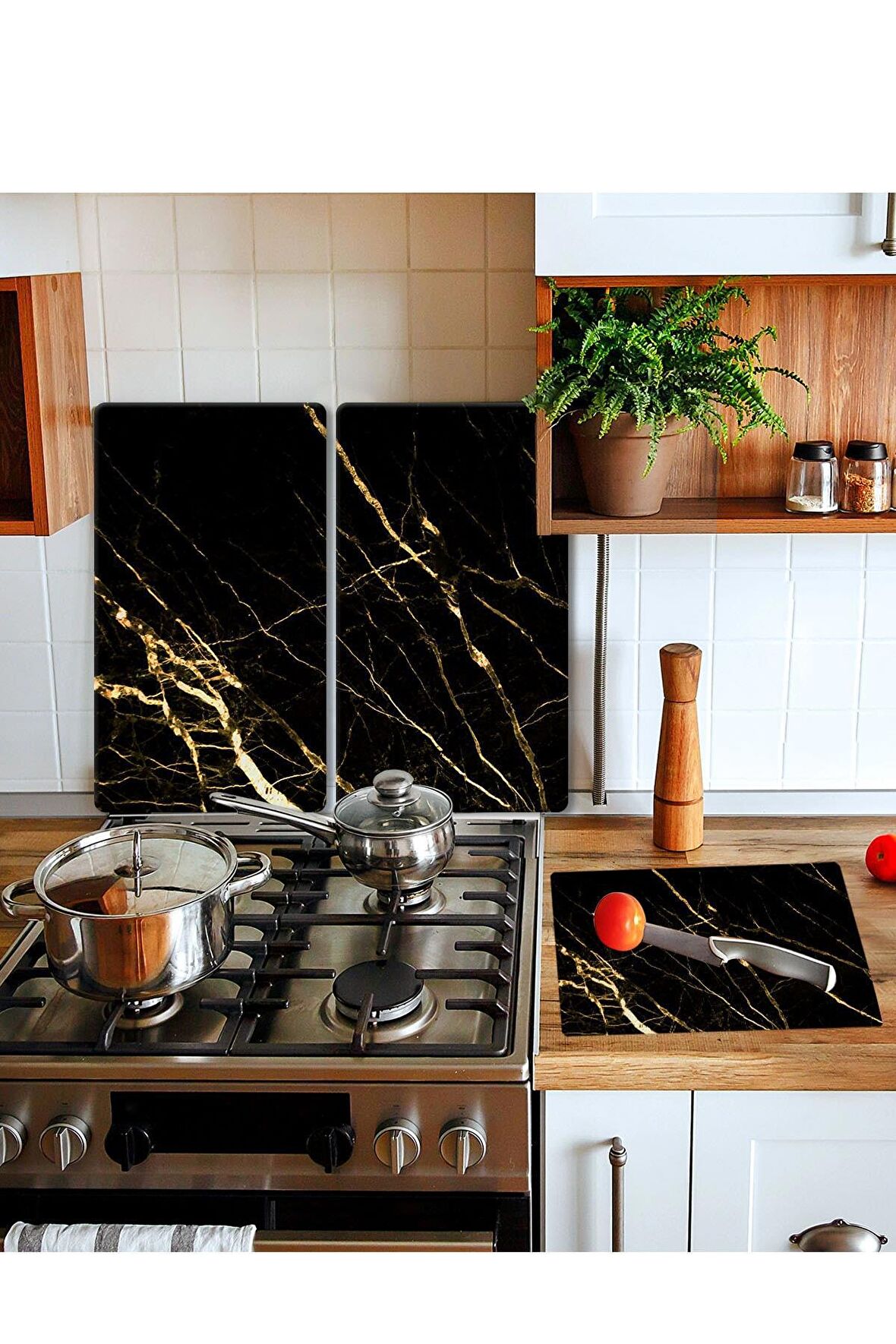 Takım Halinde Sarı Altın Mermer 20x30 Cm Kesme Tablası Ve 60x52cm Cam Ocak Koruyucu 4'lü Ocaklar