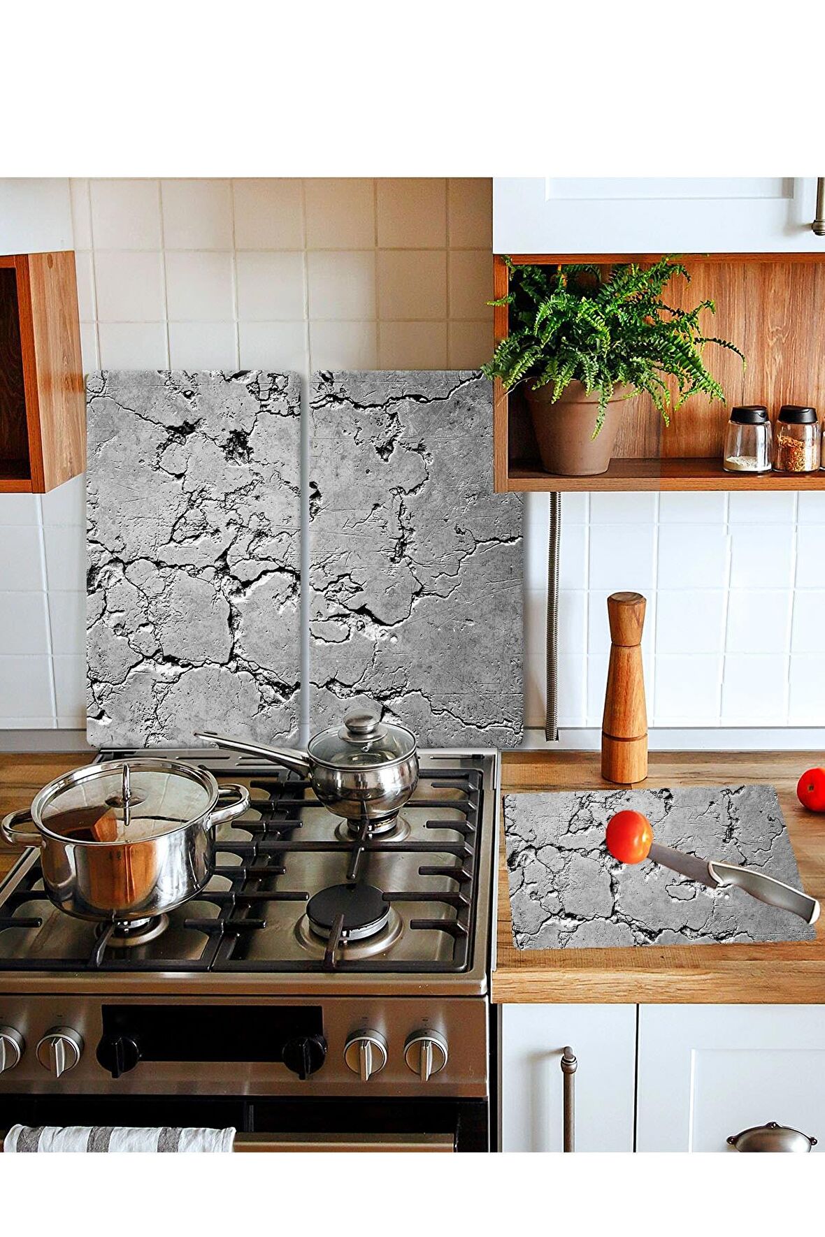 Takım Halinde Gri Taş Mermer 20x30 Cm Kesme Tablası Ve 60x52cm Cam Ocak Koruyucu 4'lü Ocaklar
