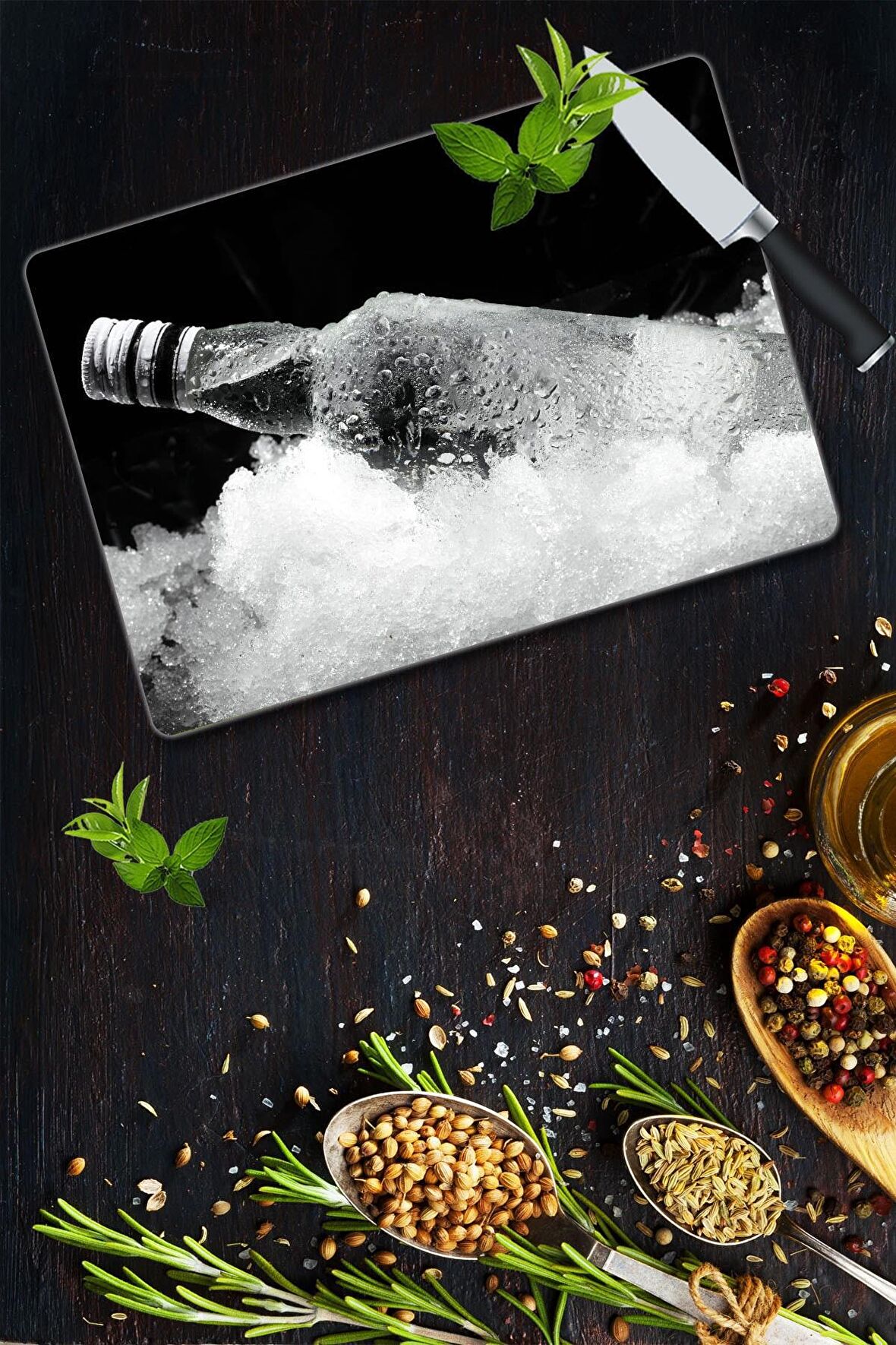 Buzlu Şişe Desenli Cam Kesme Tahtası| 30 Cm X 40 Cm