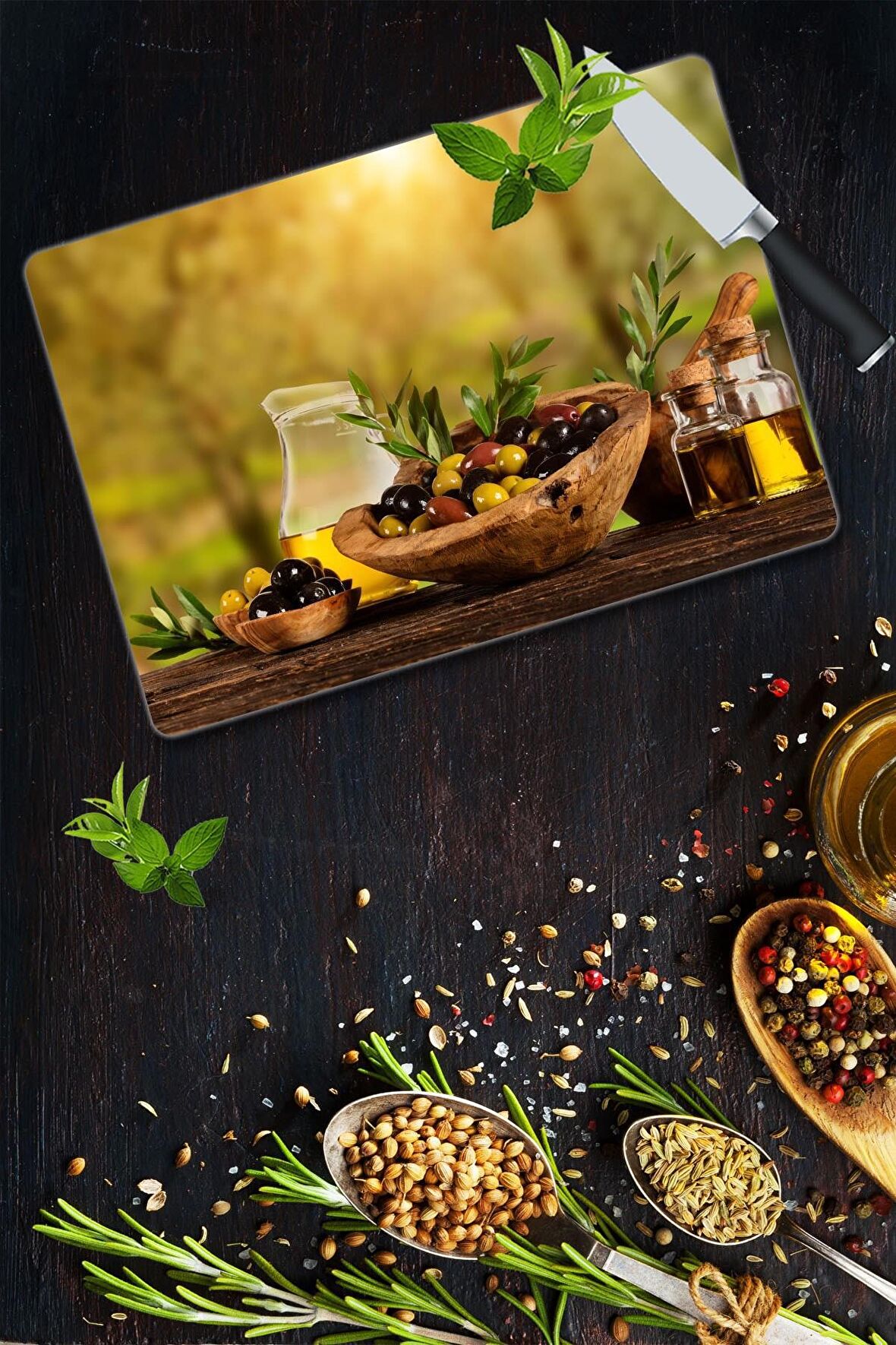 Zeytin Desenli Cam Kesme Tahtası| 30 Cm X 40 Cm