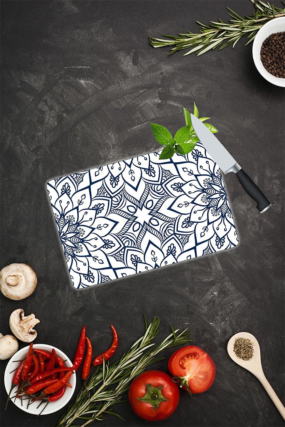 Lacivert Mandala Desenli Cam Kesme Tahtası| 20 Cm X 30 Cm