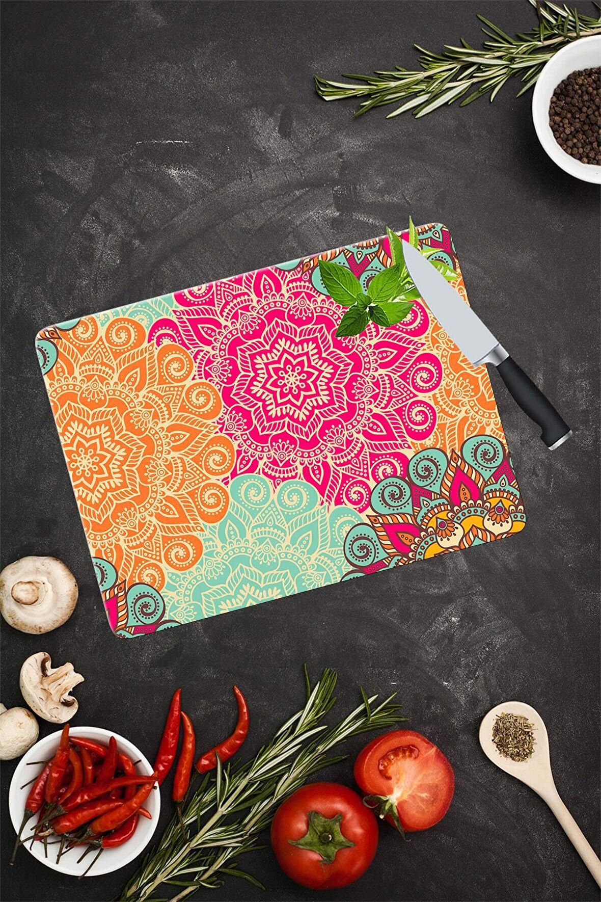 Kırmızı Turuncu Mandala Desenli Cam Kesme Tahtası| 30 Cm X 40 Cm