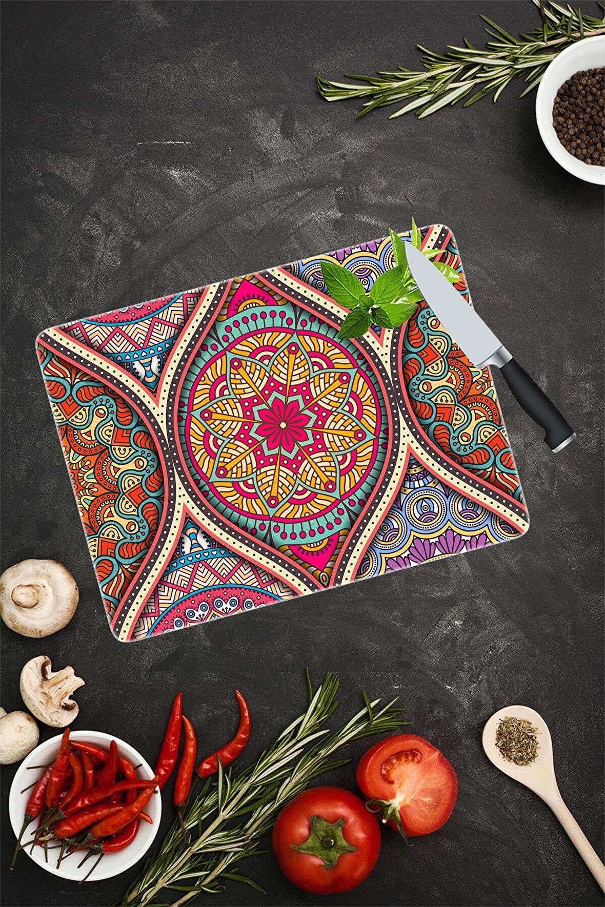 Koyu Yuvarlak Mandala Desenli Cam Kesme Tahtası| 30 Cm X 40 Cm