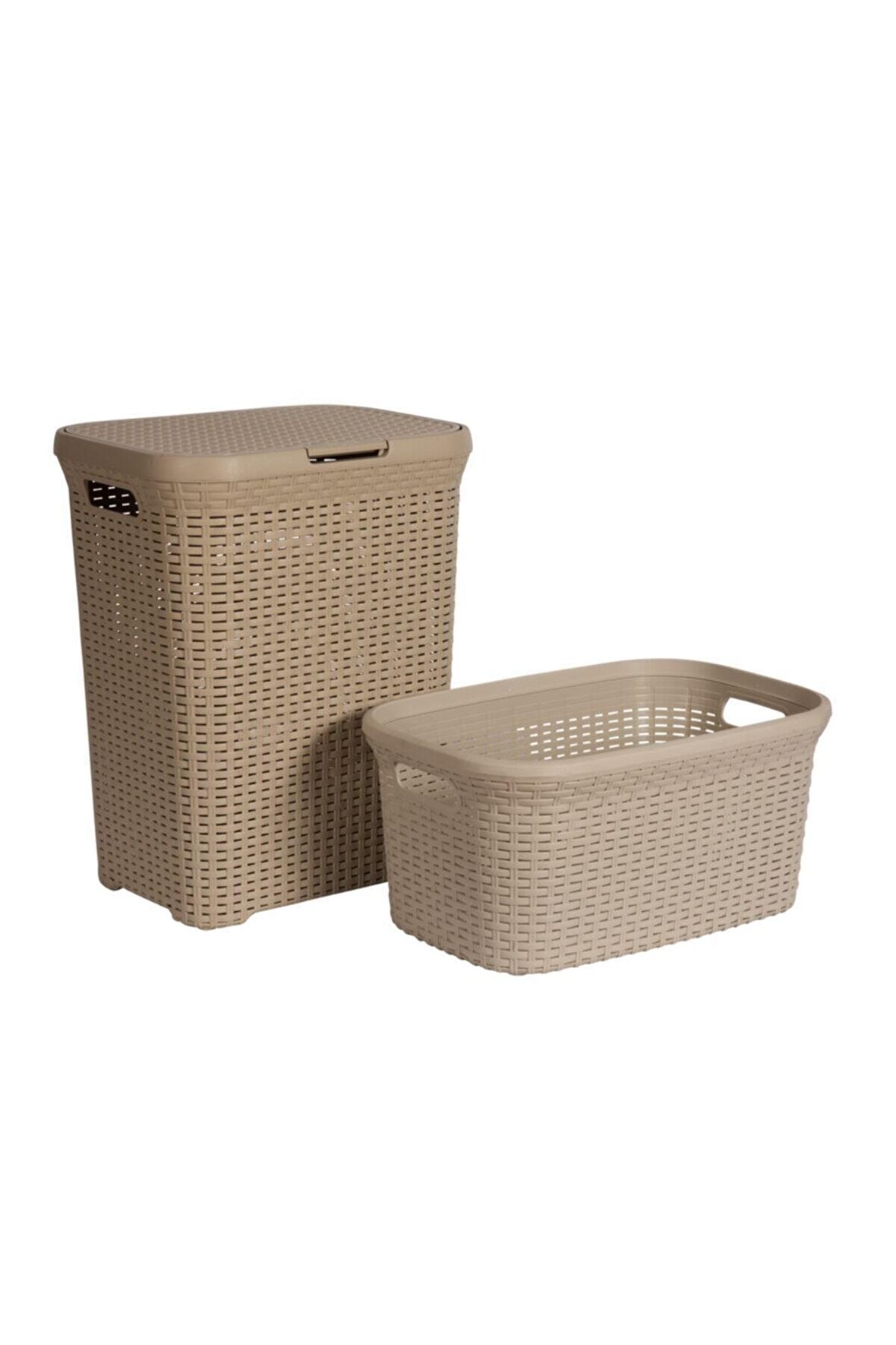 Hasır Desenli Plastik Bej Çamaşır Sepeti  & Bej Çamaşır Selesi