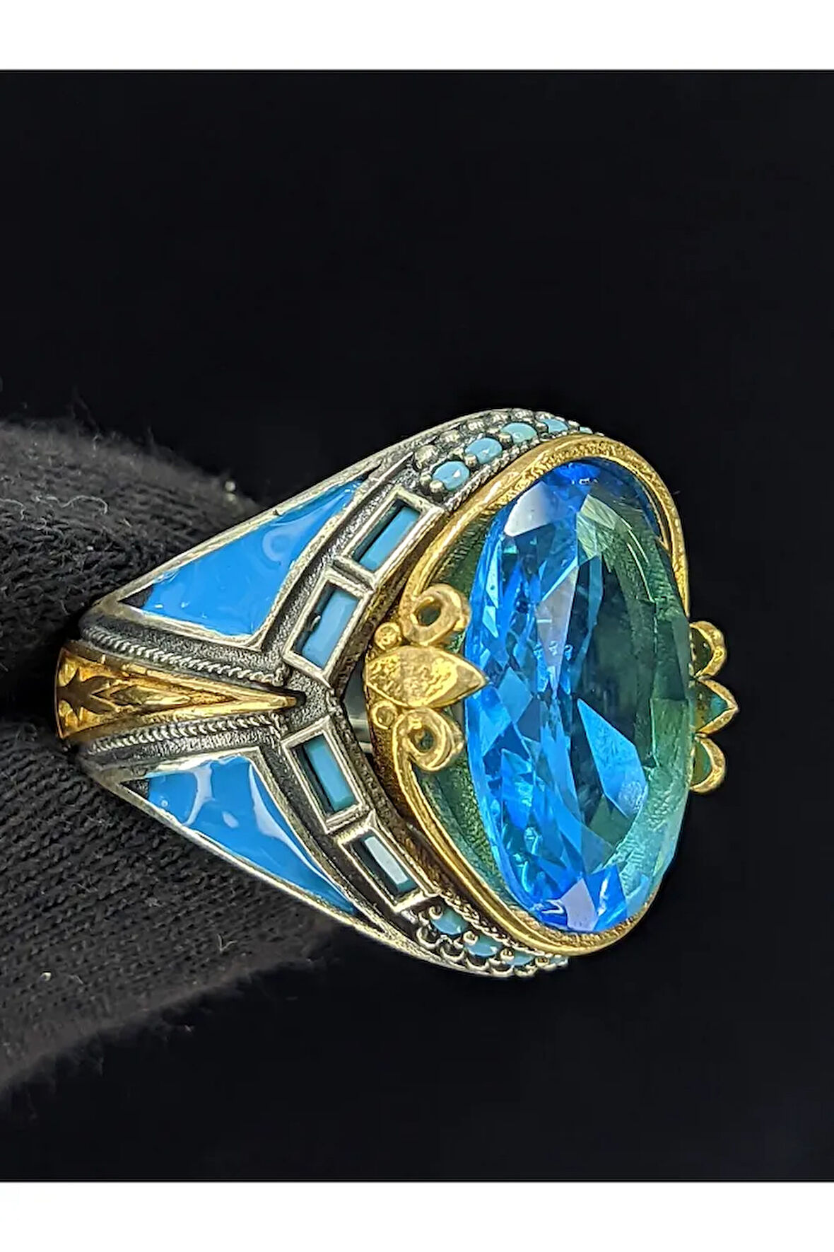 Firuze Mineli Mikro Taşlı Oval Aqua Marin Taşlı 925 Ayar Erkek Gümüş Yüzük