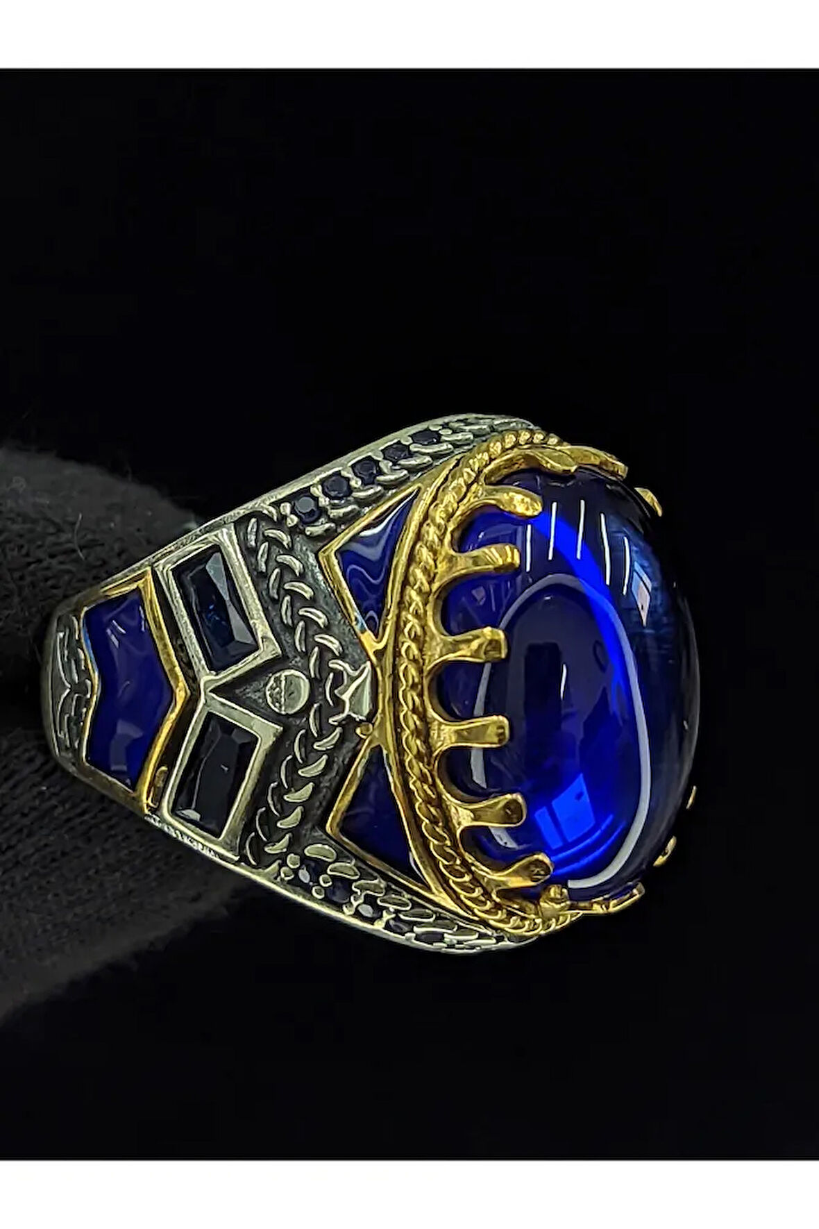 Mavi Mineli Mikro Taşlı Oval Parlak Safir Cam Taşlı 925 Ayar Erkek Gümüş Yüzük