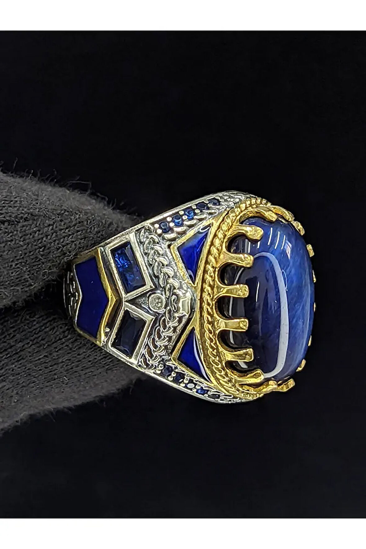 Mavi Mineli Mikro Taşlı Oval Kaplan Gözü Taşlı 925 Ayar Erkek Gümüş Yüzük