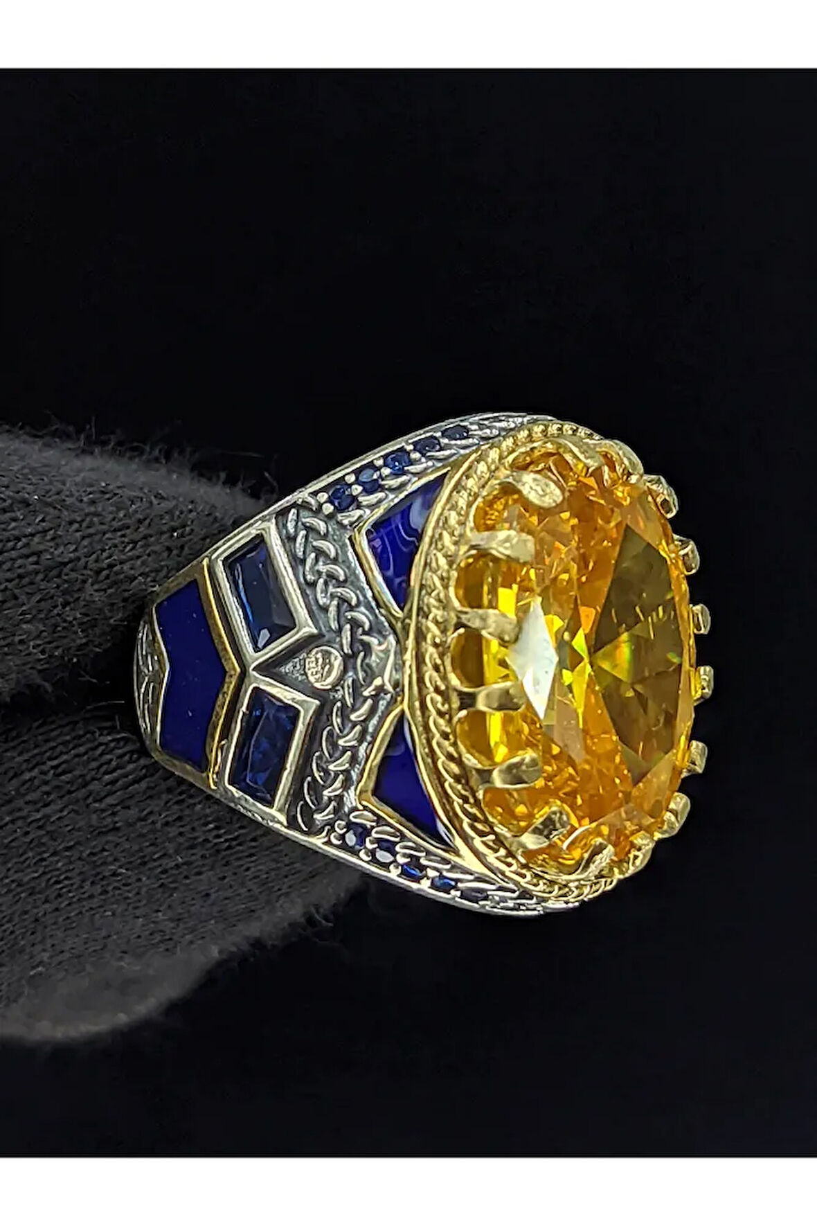 Mavi Mineli Mikro Taşlı Sitrin Taşlı 925 Ayar Erkek Gümüş Yüzük